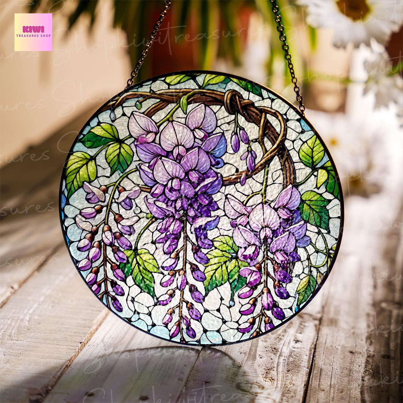 WIsteria GLASS Suncatcher Hanging, Grandma Mom Birthday gift , WIsteria field lover, WIsteria Flower suncatcher Mother's day gift set 2025