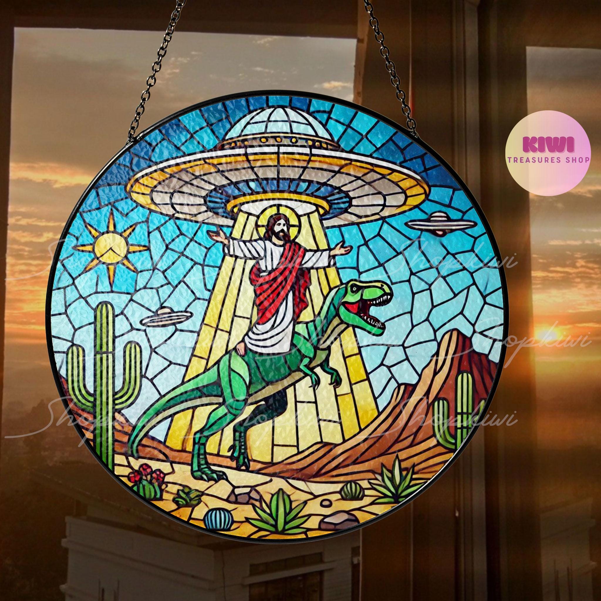 Funny UFO Abduction Jesus Riding Dinosaur GLASS Window Hanging, UFO T Rex gift, Believe Religious sign hanging, Funny Sign Decork, Novelty