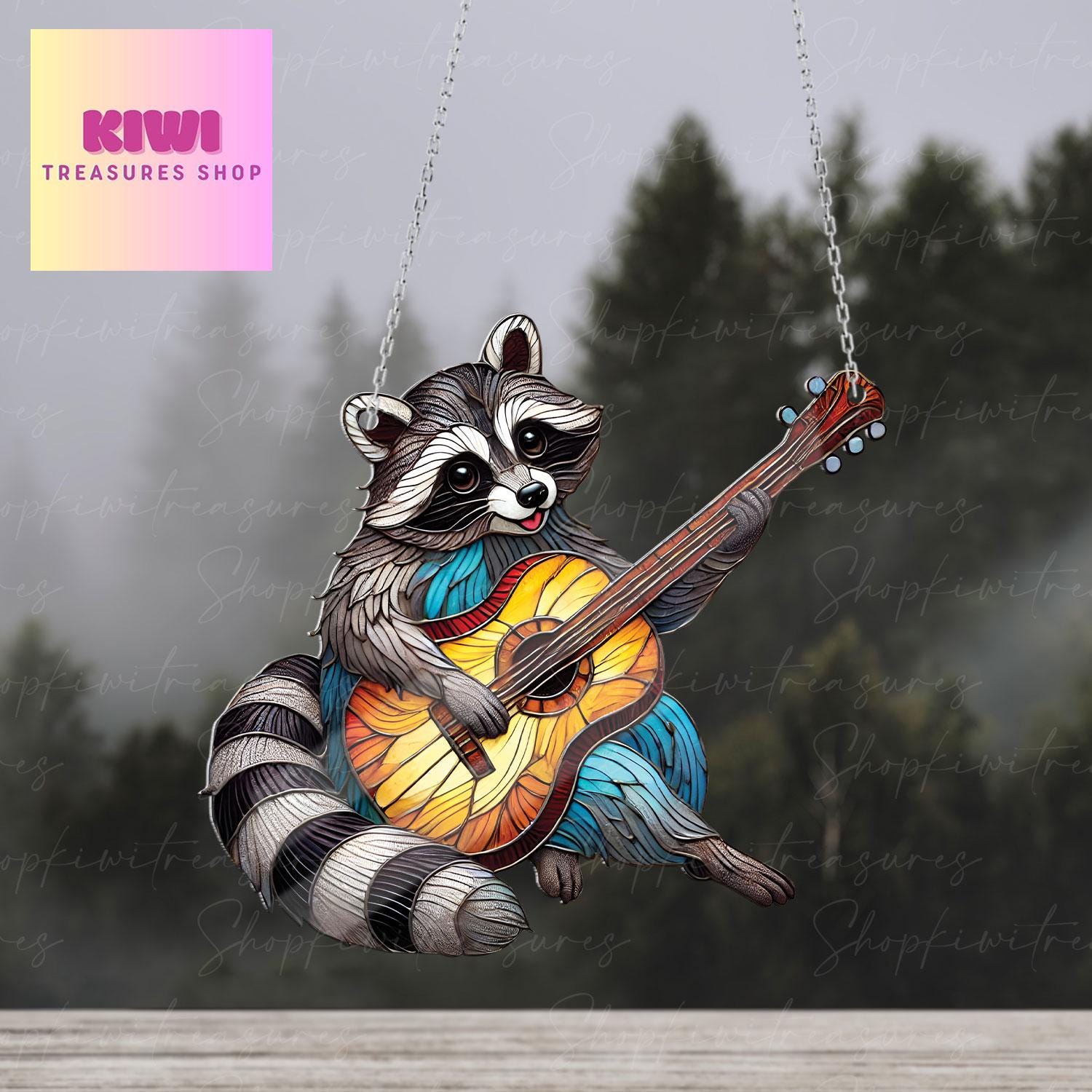 Funny Raccoon plays guitar Acrylic Window Hanging, Trash animal Window Art, Raccoon Decor, guitar musical instrument, Raccoon decor