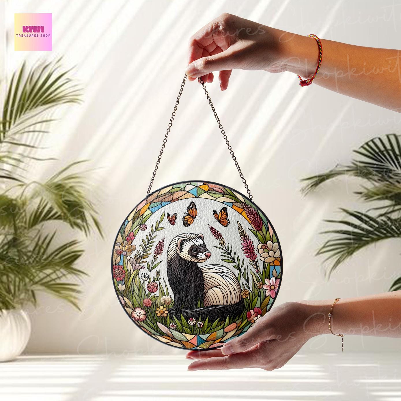 Ferret & Butterfly GLASS Sun Catcher | Cute Ferret Sun Catcher Ornament | Perfect Ferret Lovers Gift | Animal Lover Nature Artwork