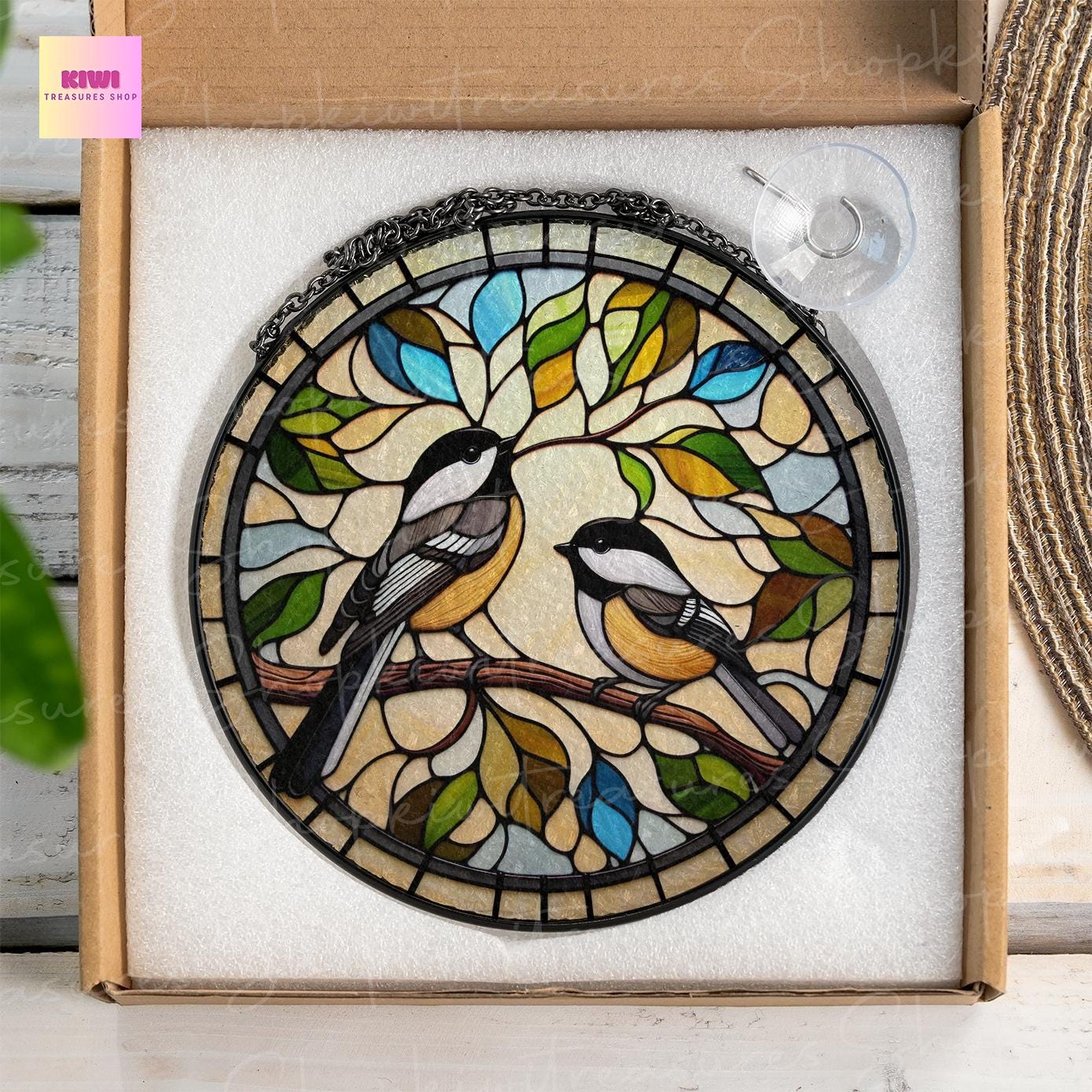 Chickadees Couple Glass Suncatcher | Charming Chickadees Bird Ornament | Ideal Bird Lovers Gift | Bird Memorial Gift | Chickadees Home Decor
