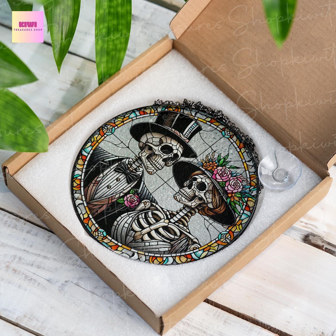 Skeleton Couple Glass Suncatcher | Skeleton Lovers Ornament | Perfect Wedding Gift | Distinct Wedding Anniversary Gift | Gothic Home Decor