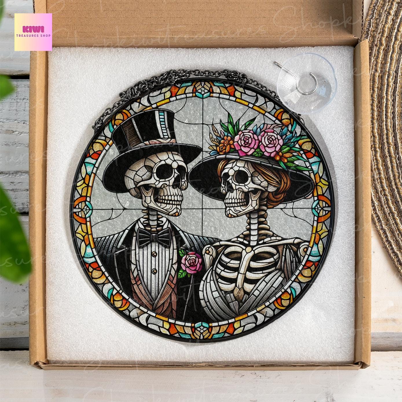 Skeleton Couple Glass Suncatcher | Skeleton Lovers Ornament | Perfect Wedding Gift | Distinct Wedding Anniversary Gift | Gothic Home Decor