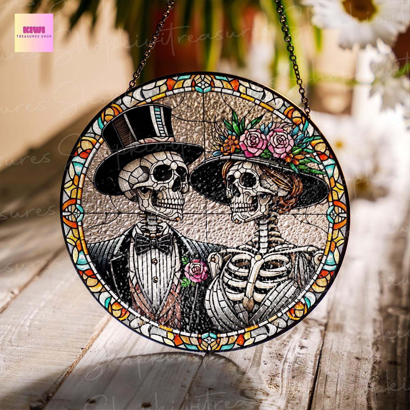 Skeleton Couple Glass Suncatcher | Skeleton Lovers Ornament | Perfect Wedding Gift | Distinct Wedding Anniversary Gift | Gothic Home Decor