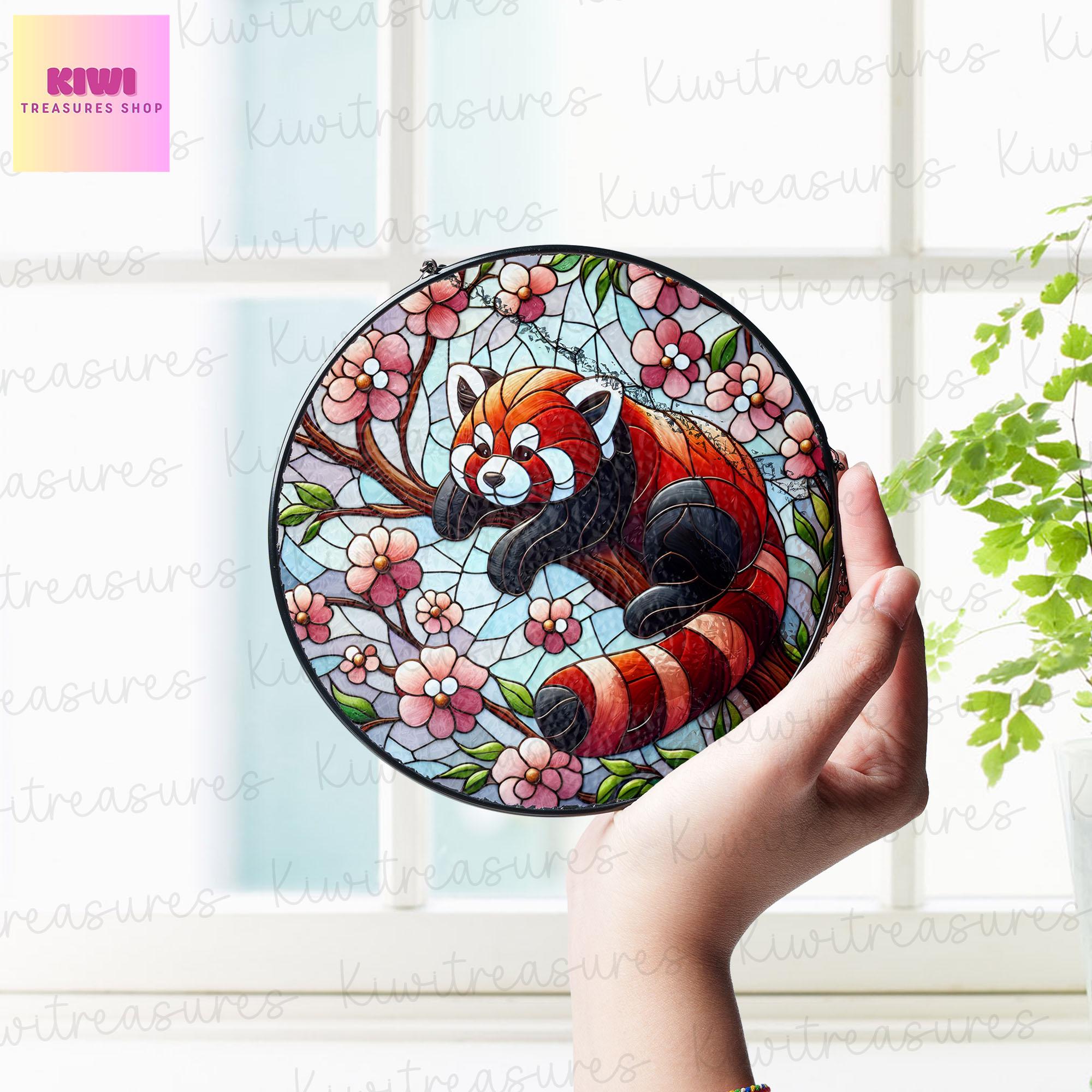 Red Panda and Cherry Blossom Glass Suncatcher | Red Panda Sun Catcher Ornament | Ideal Red Panda Lover Gift | Unique Animal Lover Decor