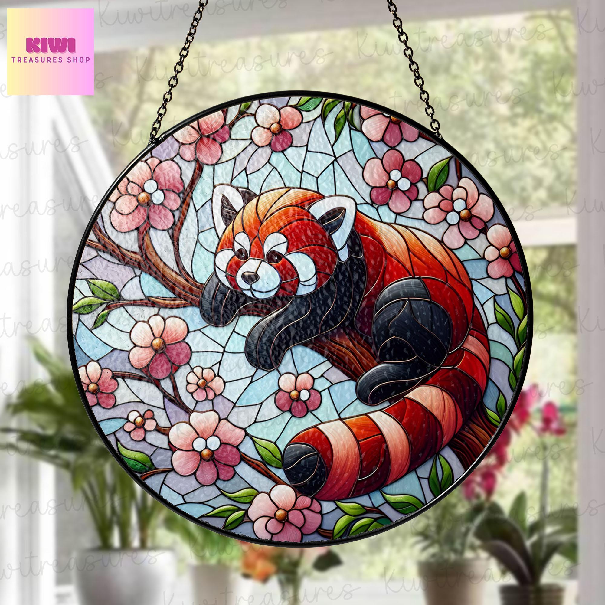 Red Panda and Cherry Blossom Glass Suncatcher | Red Panda Sun Catcher Ornament | Ideal Red Panda Lover Gift | Unique Animal Lover Decor