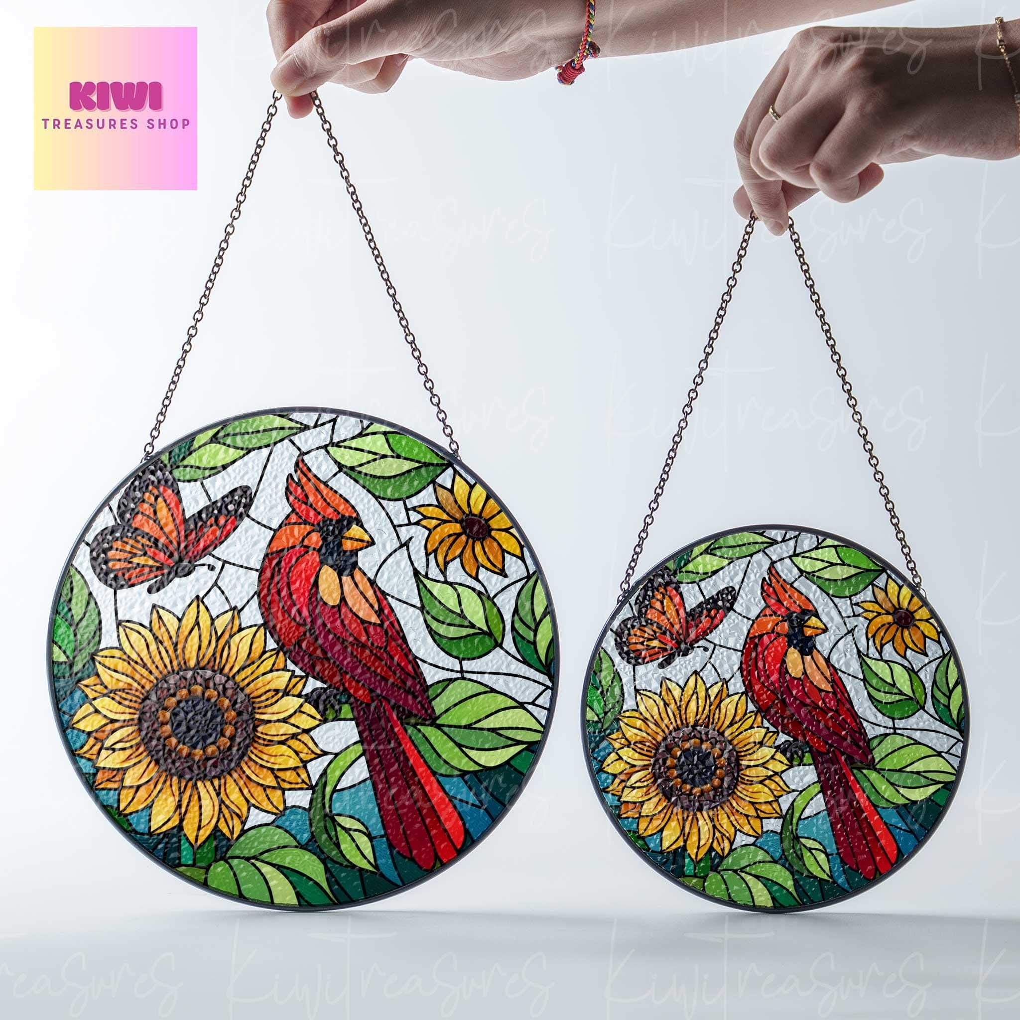Red Cardinal and Sunflower GLASS Suncatcher | Cardinal Suncatcher Ornament | Wall Art Decor | Cardinal Lover Gift | Sunflower Lover Gift