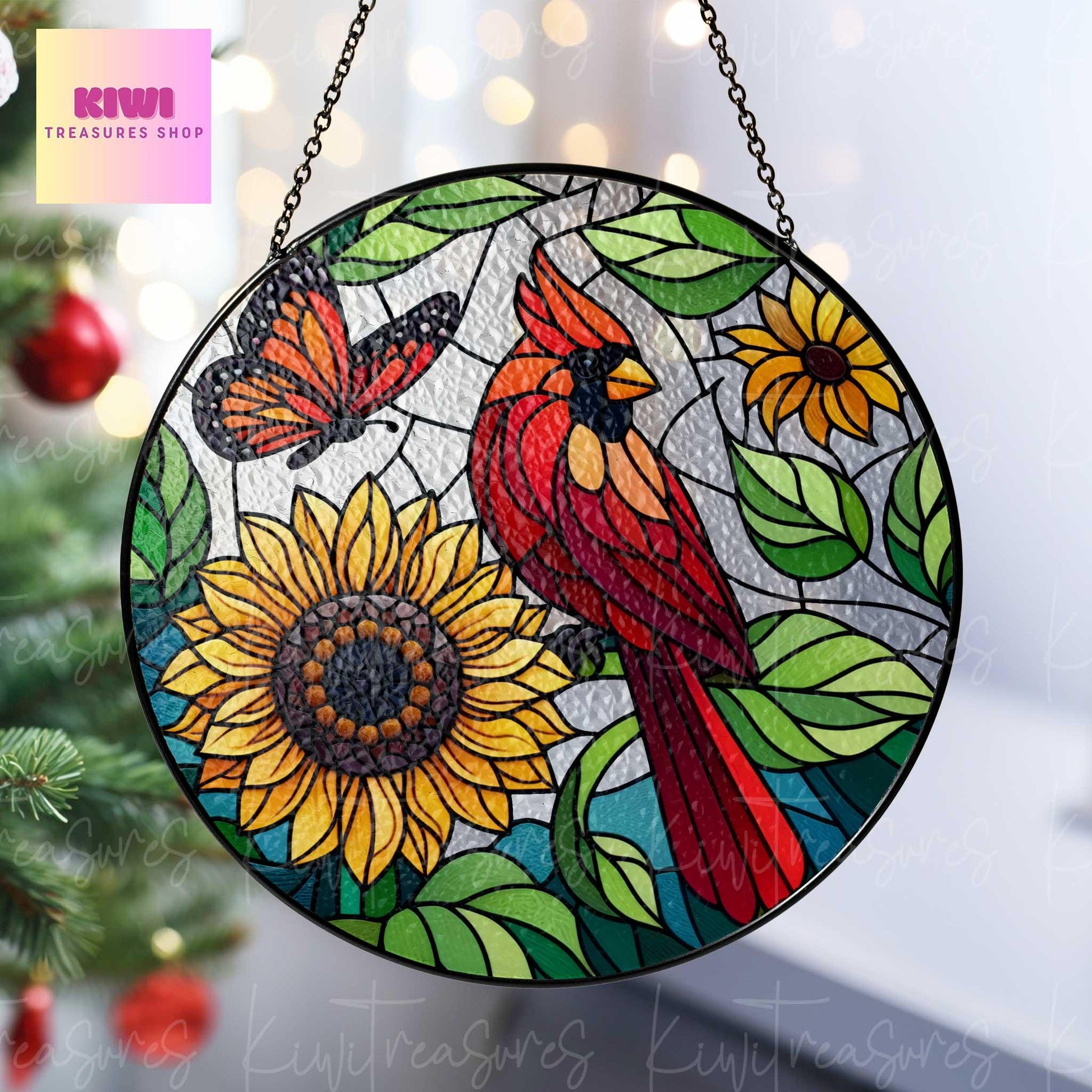 Red Cardinal and Sunflower GLASS Suncatcher | Cardinal Suncatcher Ornament | Wall Art Decor | Cardinal Lover Gift | Sunflower Lover Gift