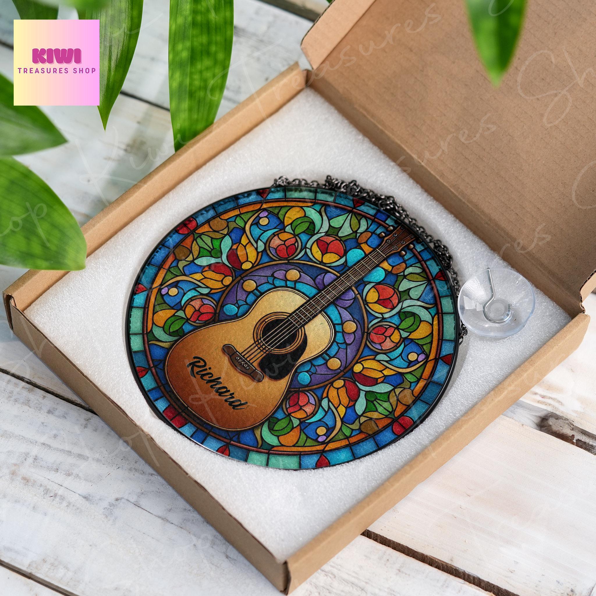 Cutom Guitar GLASS Suncatcher Hanging acoustic guitar Window hanging Suncatcher ornament gift for musical Teacher home decoration