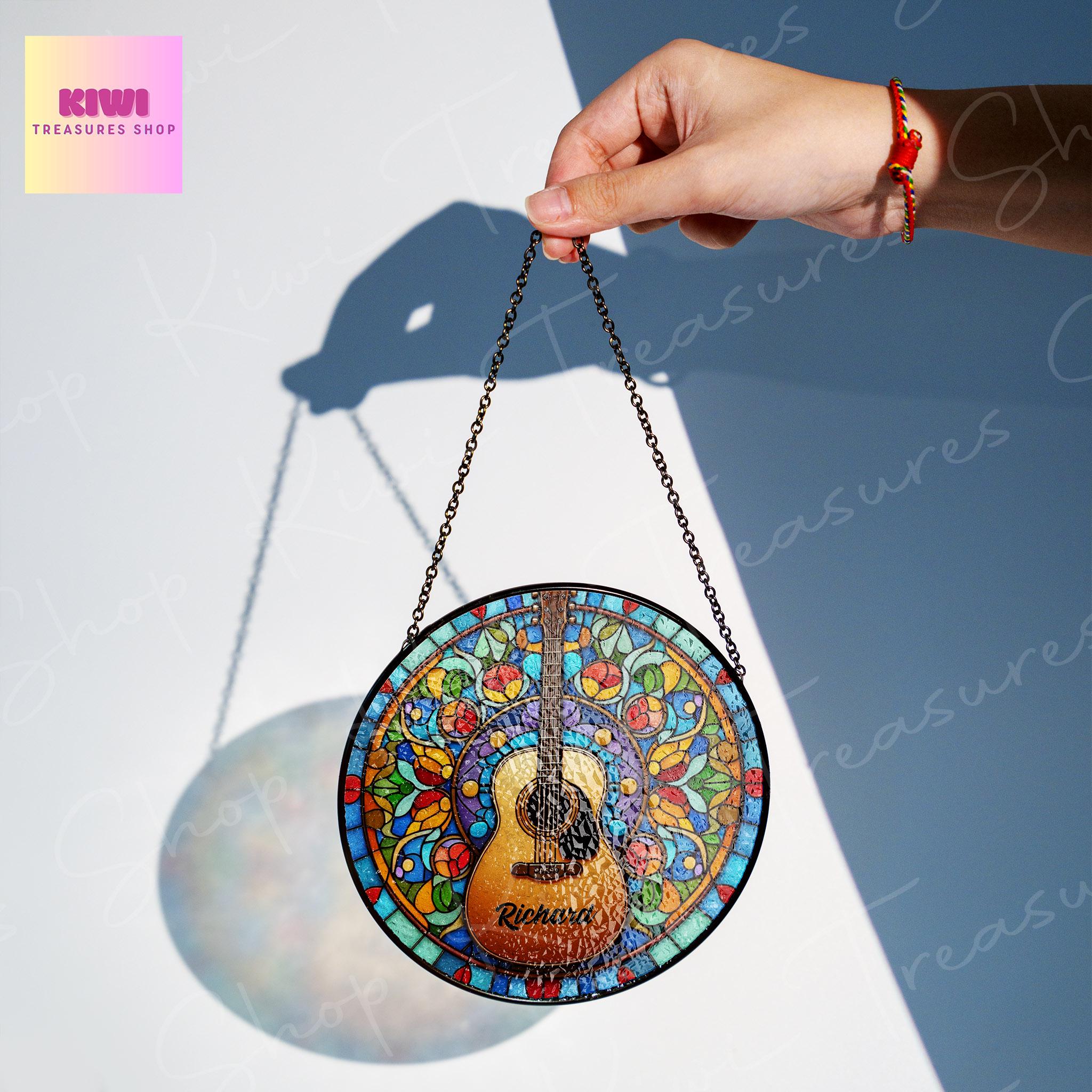 Cutom Guitar GLASS Suncatcher Hanging acoustic guitar Window hanging Suncatcher ornament gift for musical Teacher home decoration