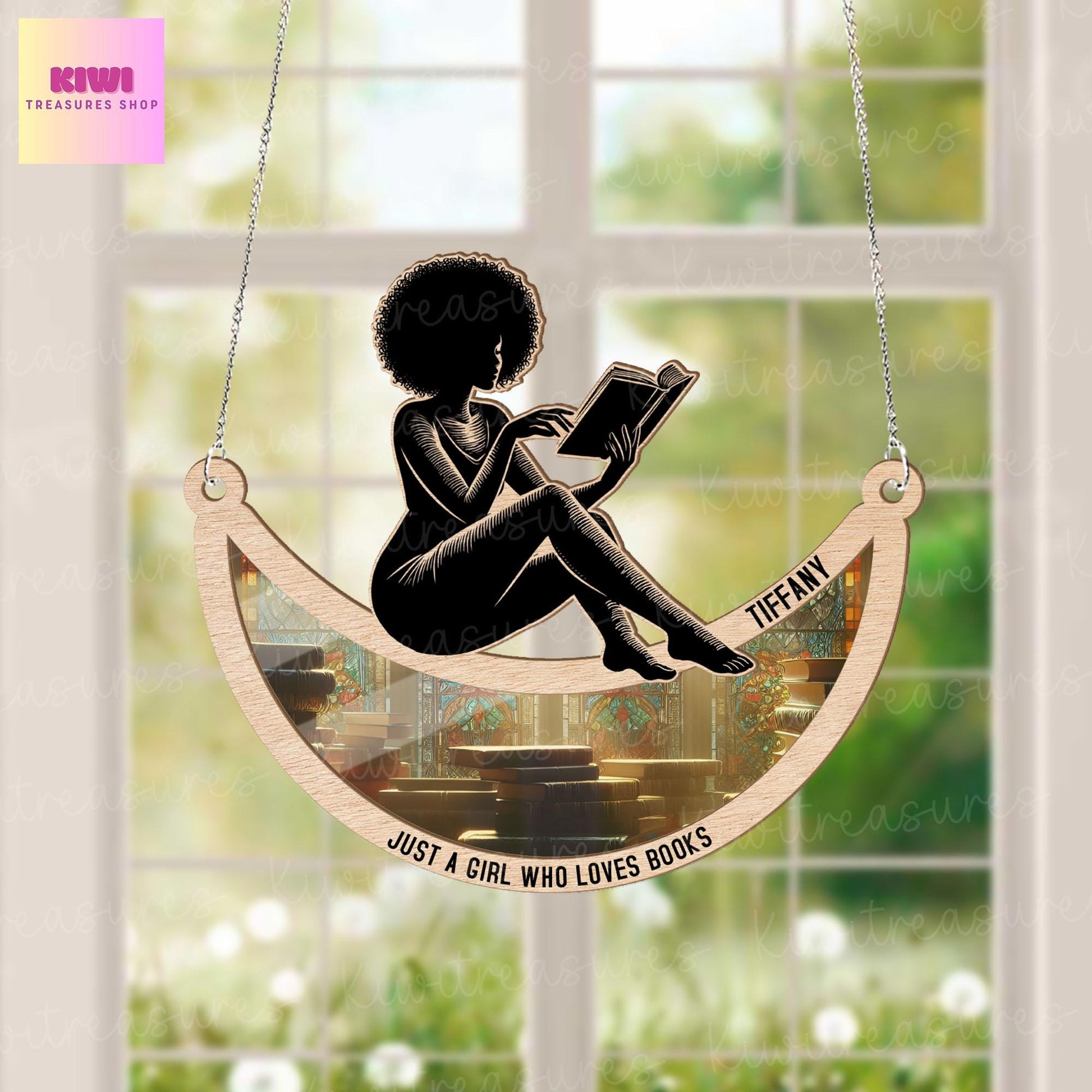 Personalized Just a girl who love books suncatcher Ornament, african woman suncatcher, well read woman, Black girl gift, reader gift