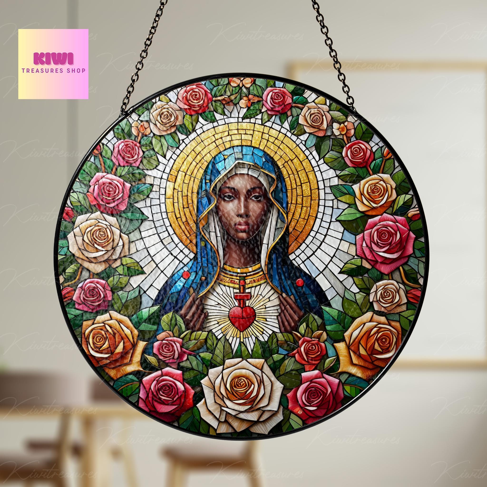African Virgin Mary Religious GLASS Suncatcher Hanging, Jesus Christ, Maria christian, Catholic Suncatcher, Religious african american