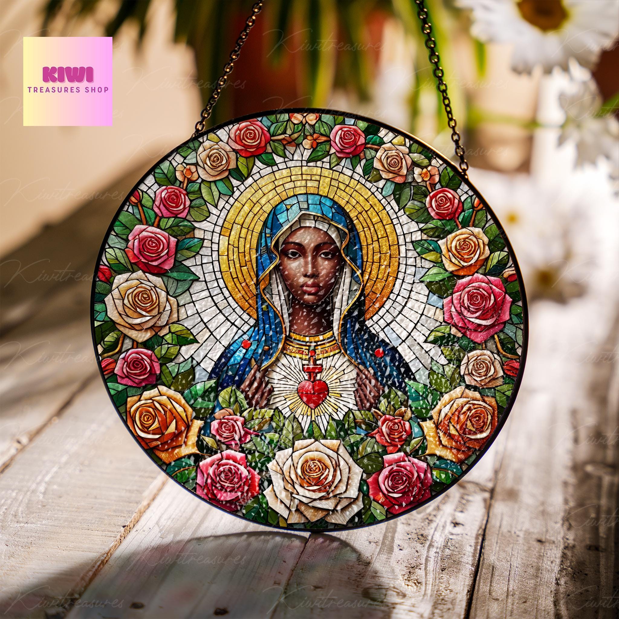 African Virgin Mary Religious GLASS Suncatcher Hanging, Jesus Christ, Maria christian, Catholic Suncatcher, Religious african american