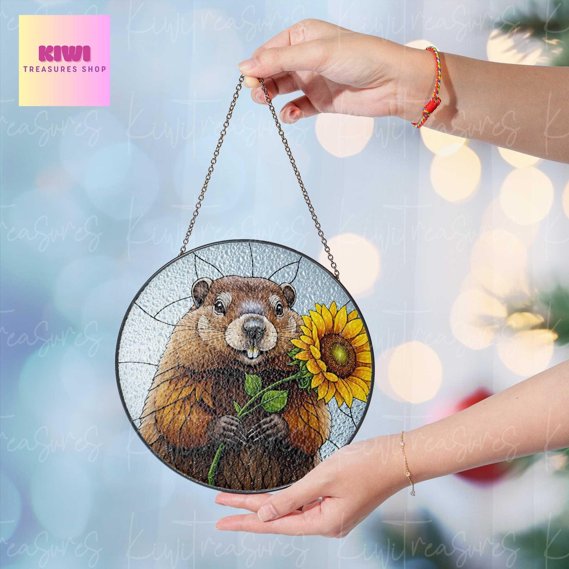 Groundhog With Sunflower GLASS Suncatcher, Groundhog Lover Decor, Groundhog Gift, Sunflower Lover Gift, Animal Lover Decor, Animal Gift