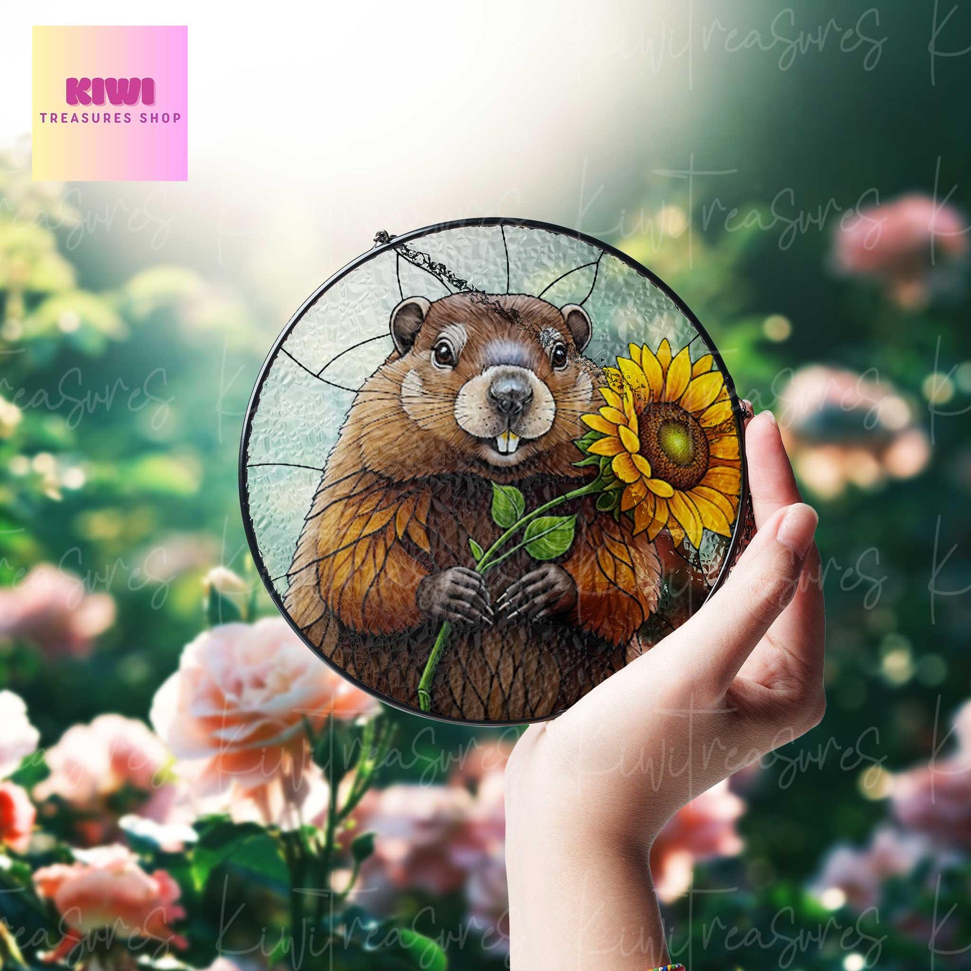 Groundhog With Sunflower GLASS Suncatcher, Groundhog Lover Decor, Groundhog Gift, Sunflower Lover Gift, Animal Lover Decor, Animal Gift