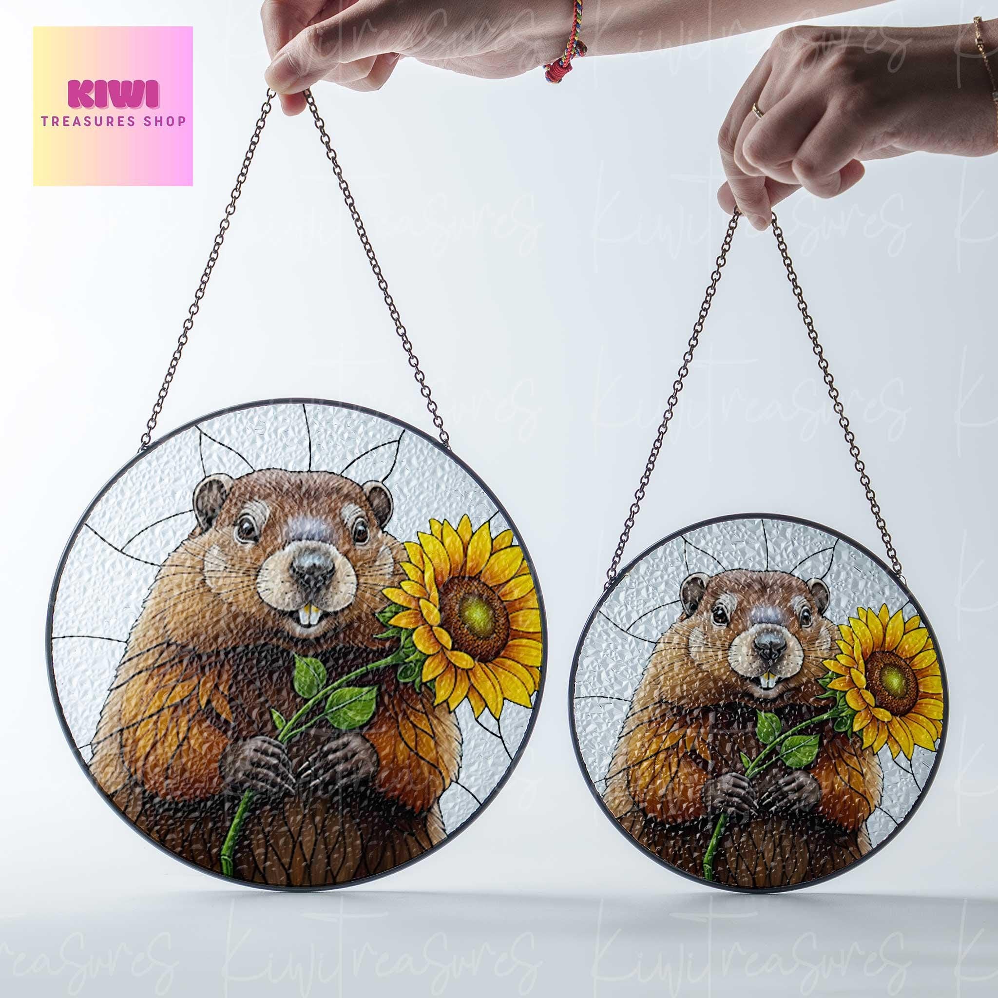Groundhog With Sunflower GLASS Suncatcher, Groundhog Lover Decor, Groundhog Gift, Sunflower Lover Gift, Animal Lover Decor, Animal Gift