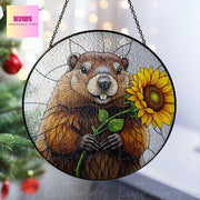 Groundhog With Sunflower GLASS Suncatcher, Groundhog Lover Decor, Groundhog Gift, Sunflower Lover Gift, Animal Lover Decor, Animal Gift