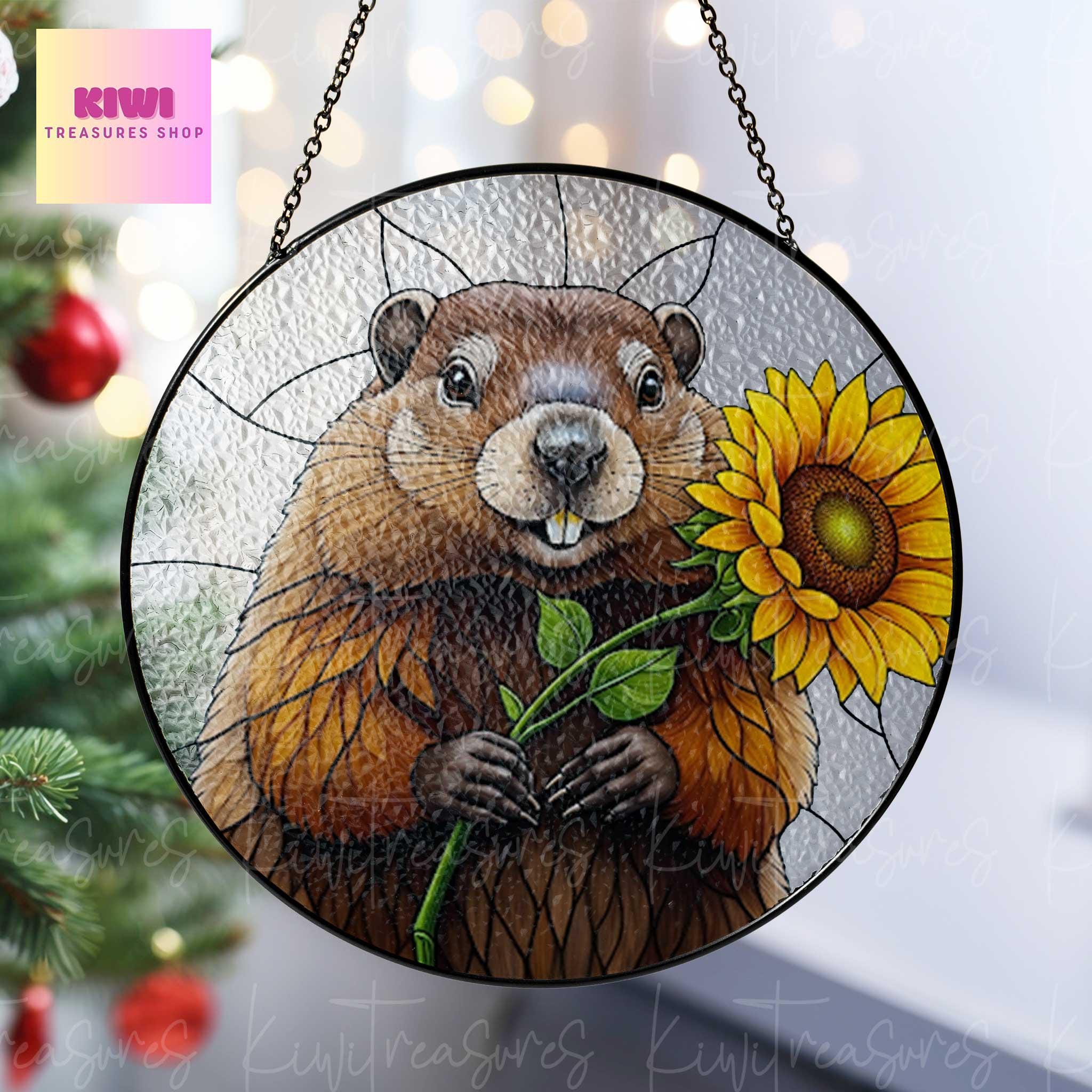 Groundhog With Sunflower GLASS Suncatcher, Groundhog Lover Decor, Groundhog Gift, Sunflower Lover Gift, Animal Lover Decor, Animal Gift