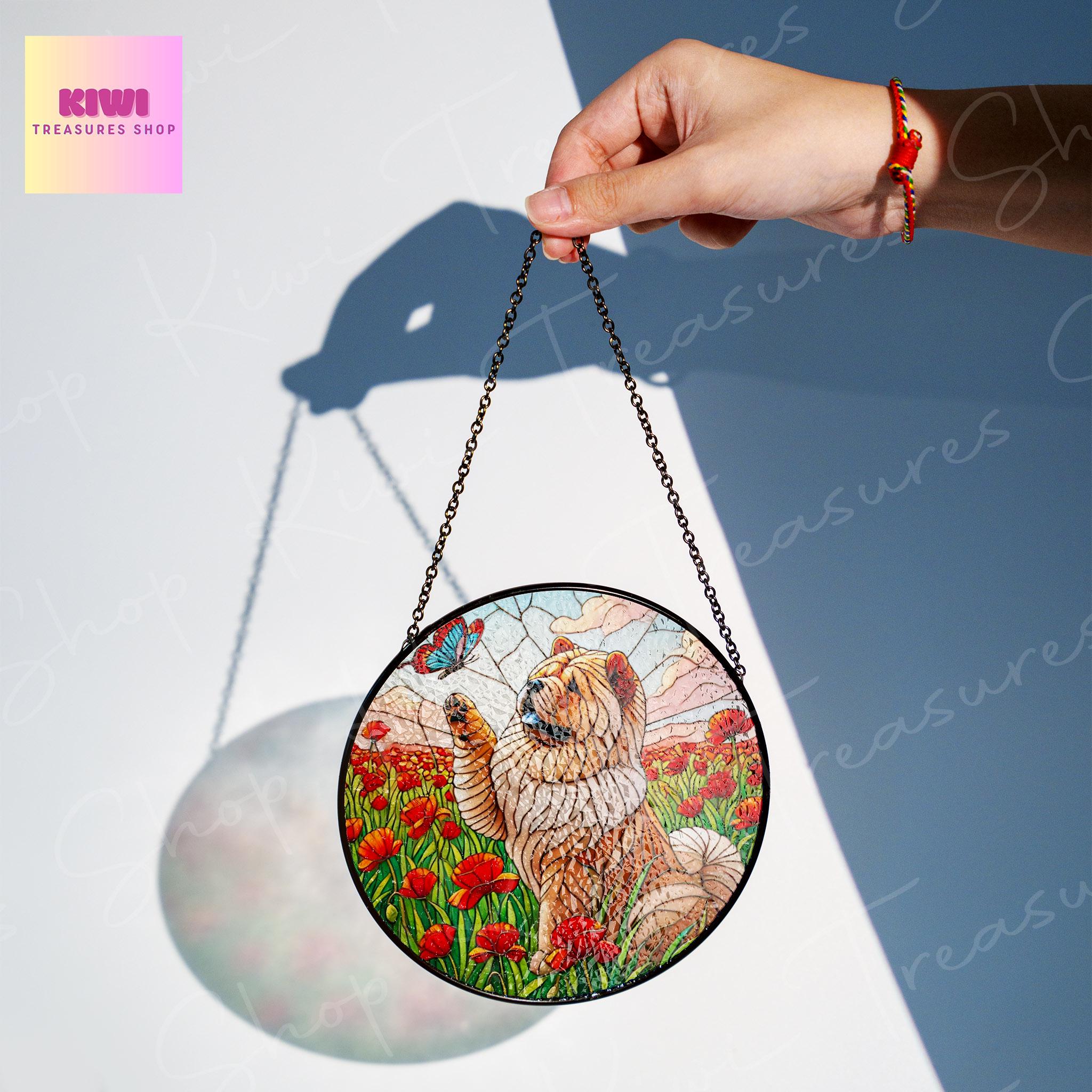 Chow Chow Among Poppy Flower GLASS Suncatcher, Chow Chow Lover Decor, Dog Lover Gift, Dog Mom Decor, Dog Mom Gift, Dog Suncatcher Decor