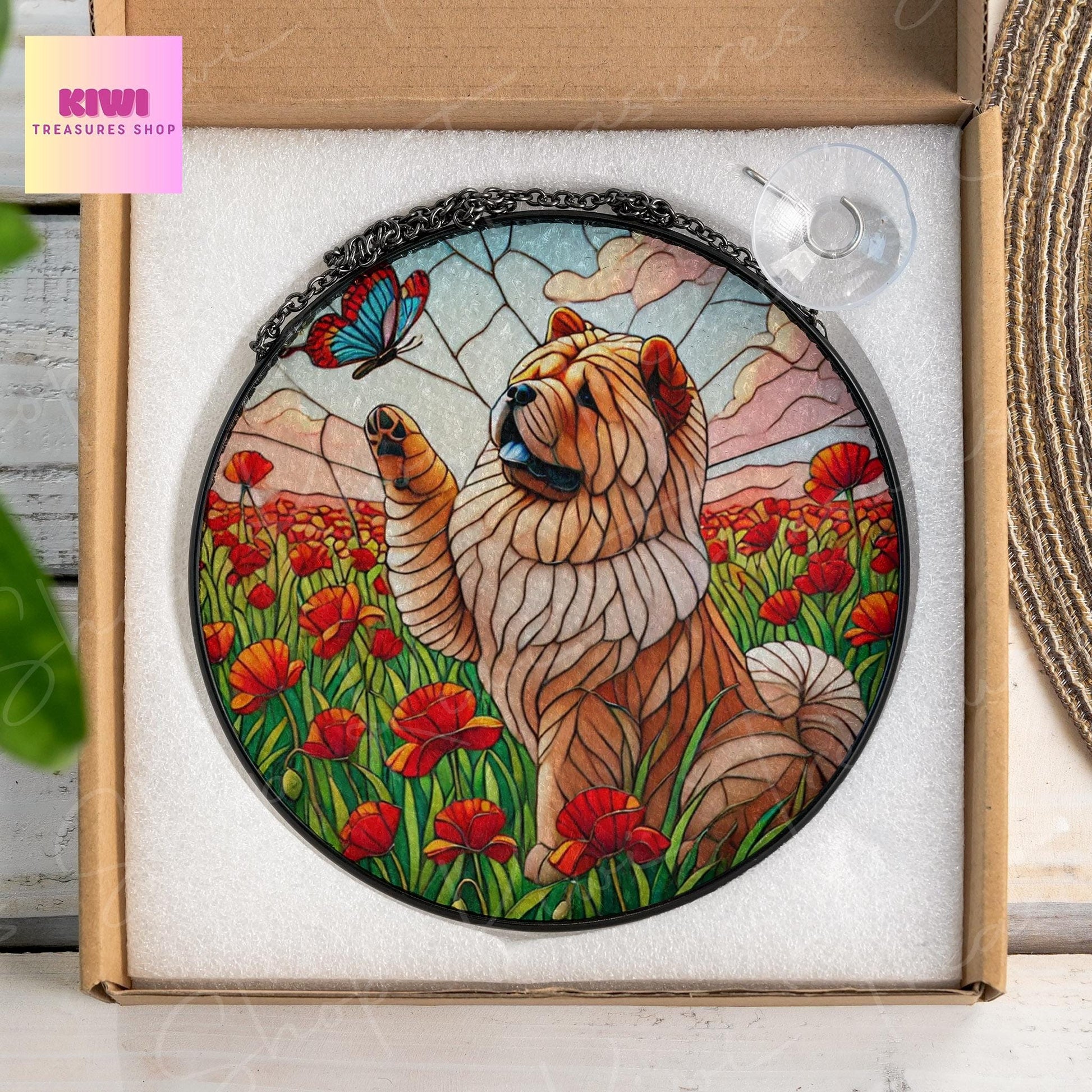 Chow Chow Among Poppy Flower GLASS Suncatcher, Chow Chow Lover Decor, Dog Lover Gift, Dog Mom Decor, Dog Mom Gift, Dog Suncatcher Decor