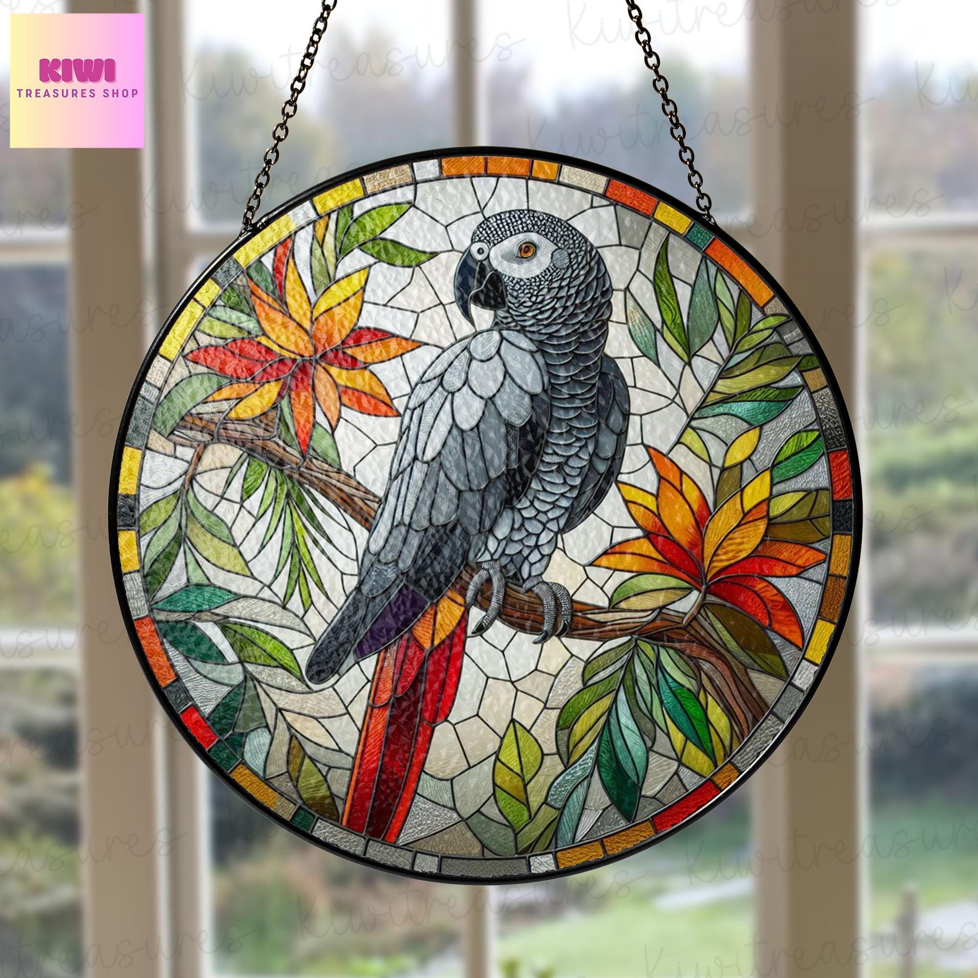 African Grey Parrot GLASS Hanging, Parrot Lover Decor, Bird Nerd, Home Decor, african parrot Suncatcher Decor, Kitchen decor