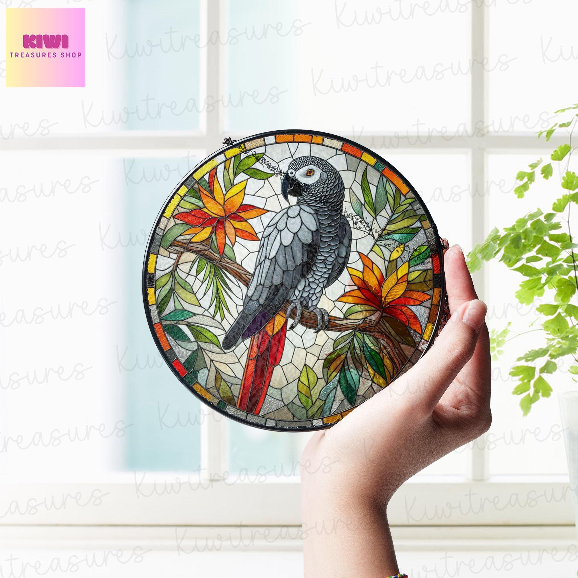 African Grey Parrot GLASS Hanging, Parrot Lover Decor, Bird Nerd, Home Decor, african parrot Suncatcher Decor, Kitchen decor