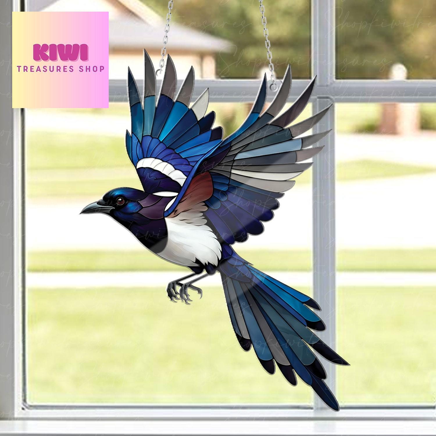 Flying Magpie bird Acrylic Window Hanging, Bird lovers gift, Bird Nerds, Magpie decor, Not Suncatcher, flying magpie ornament