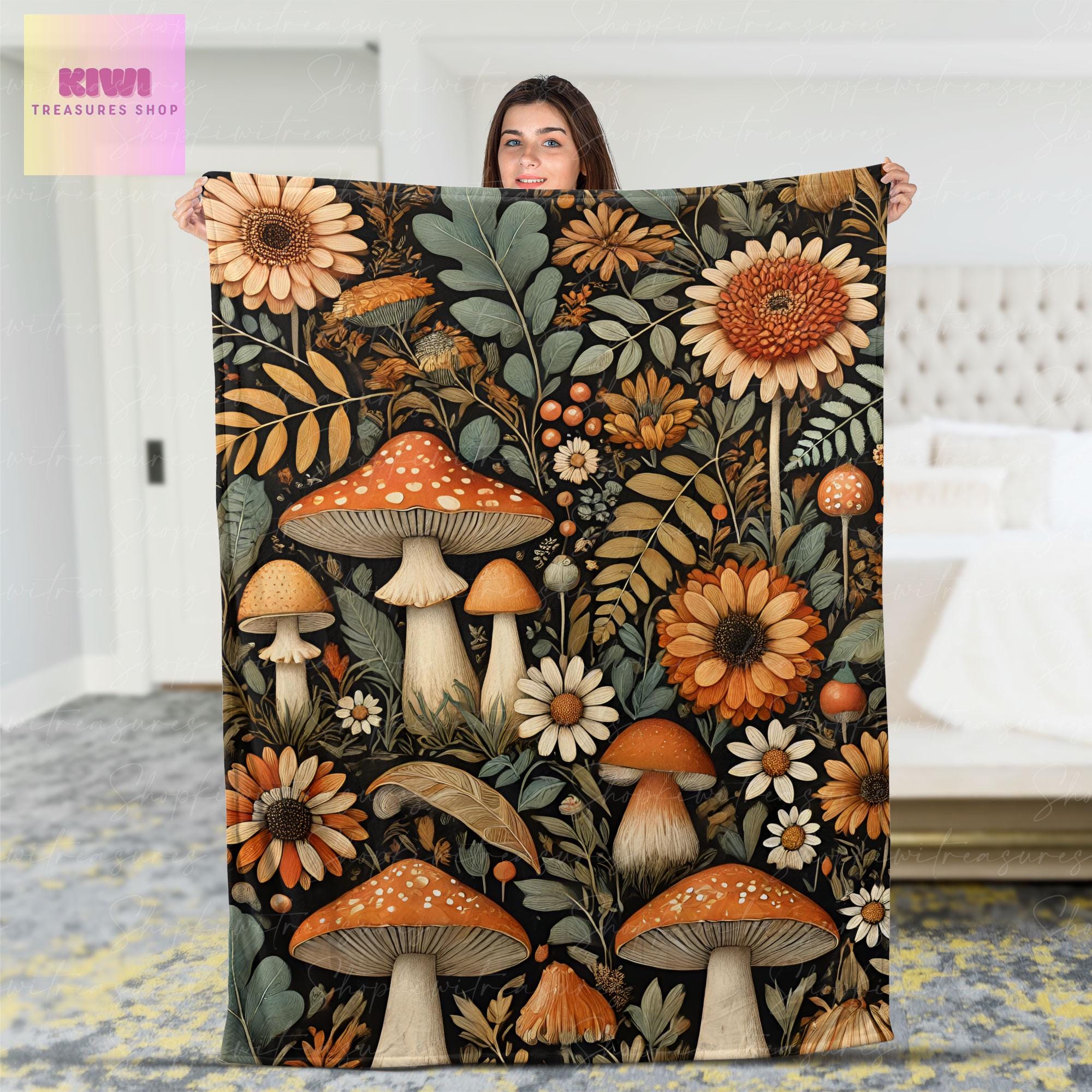 Vintage Cottagecore Mushroom Blanket, Fleece Blanket, Botanical  forestcore Blanket, Mushroom lover Gift, Bedroom decor