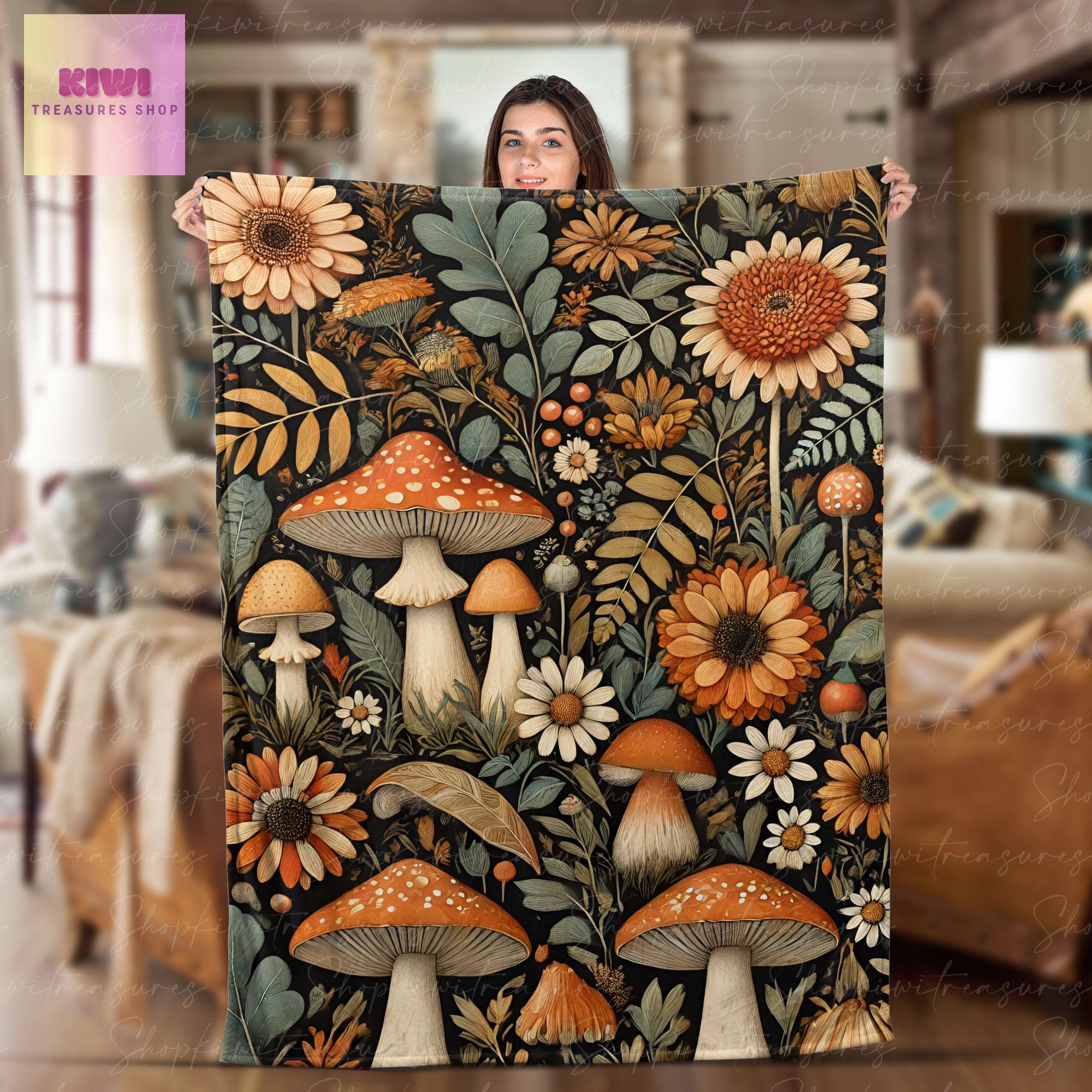 Vintage Cottagecore Mushroom Blanket, Fleece Blanket, Botanical  forestcore Blanket, Mushroom lover Gift, Bedroom decor