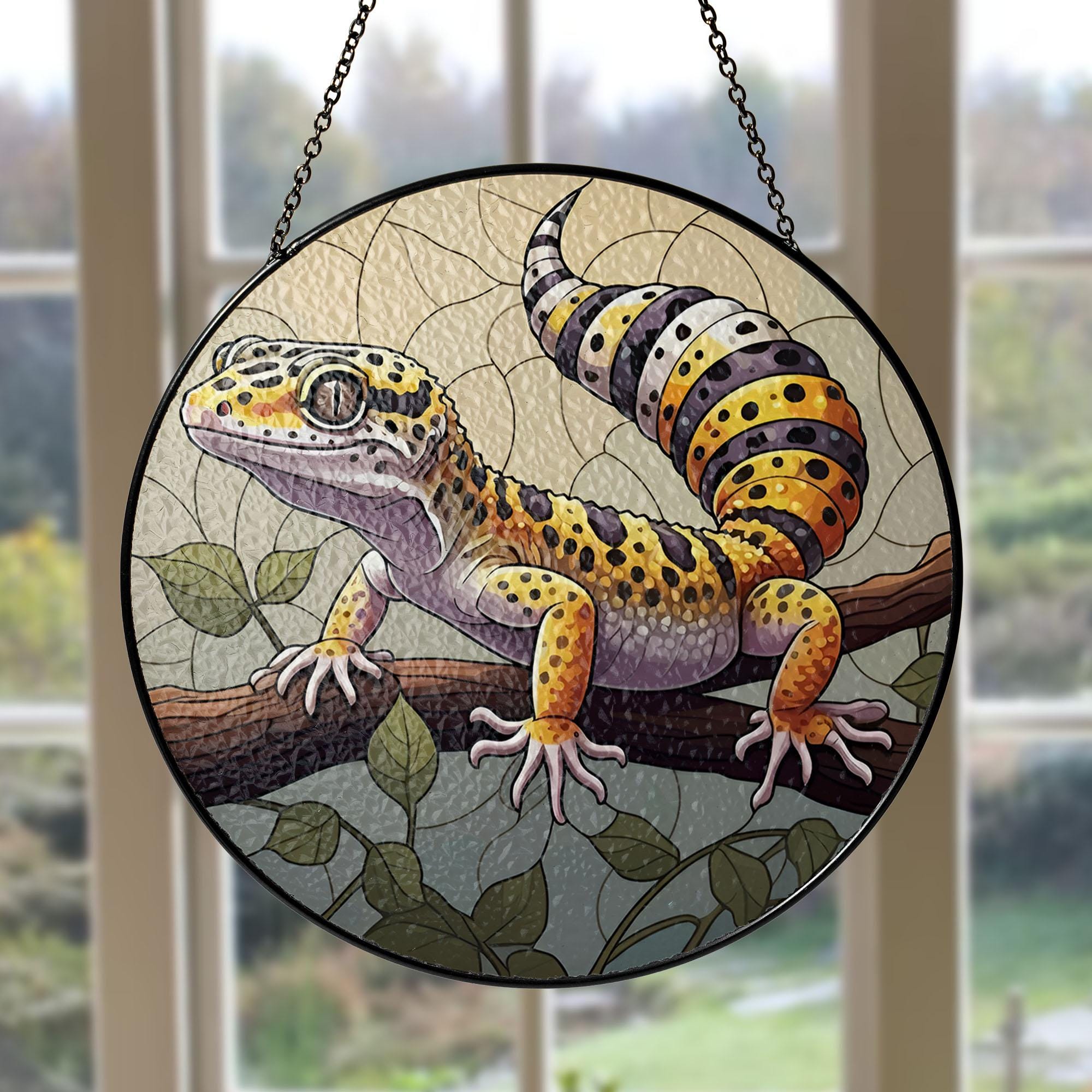 Leopard Gecko Glass Suncatcher, Colorful Gecko Window Hanging for Natural Light, Unique Gift for Gecko Lovers