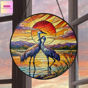 Sandhill Crane Couple On Sunset Beach GLASS Suncatcher, Crane Couple Decor, Sandhill Crane Lover Gift, Couple Home Decor, Bird Lover Gift