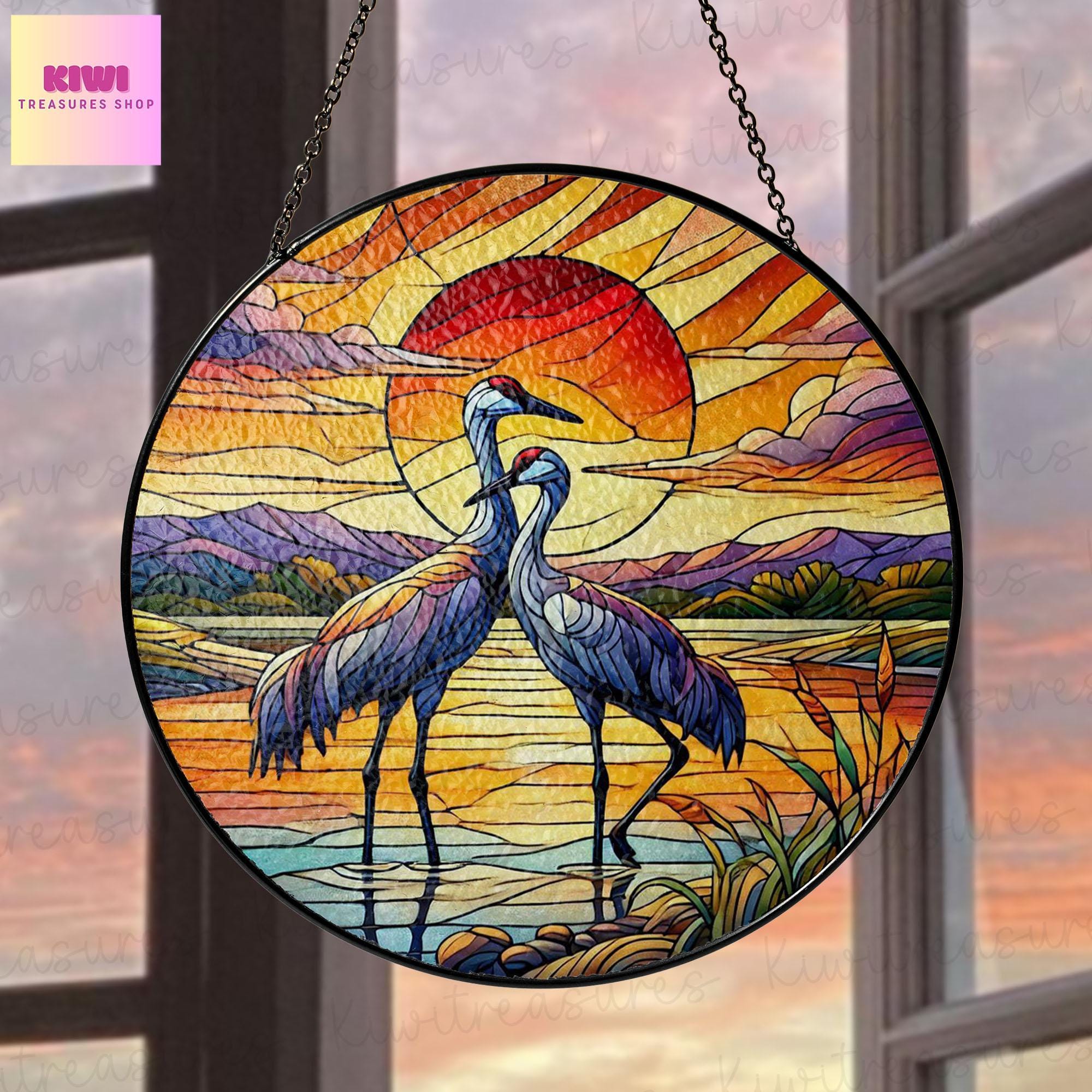 Sandhill Crane Couple On Sunset Beach GLASS Suncatcher, Crane Couple Decor, Sandhill Crane Lover Gift, Couple Home Decor, Bird Lover Gift