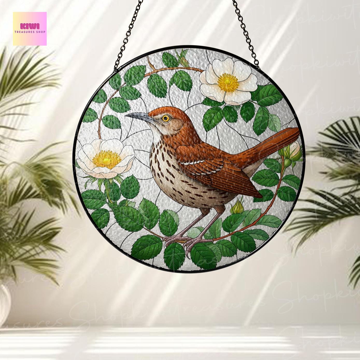 Brown Thrasher and georgia white Rosa laevigata Glass SunCatcher georgia bird Art Window Hanging State Pride Rosa laevigata Home Decor