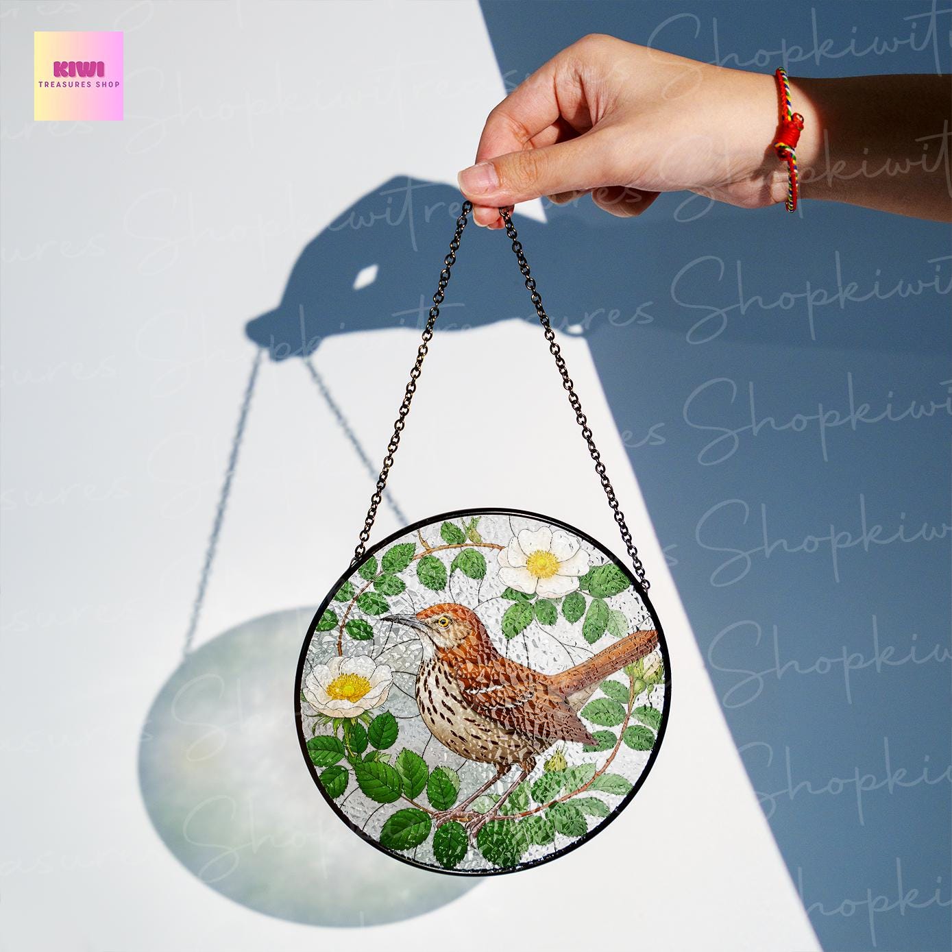 Brown Thrasher and georgia white Rosa laevigata Glass SunCatcher georgia bird Art Window Hanging State Pride Rosa laevigata Home Decor