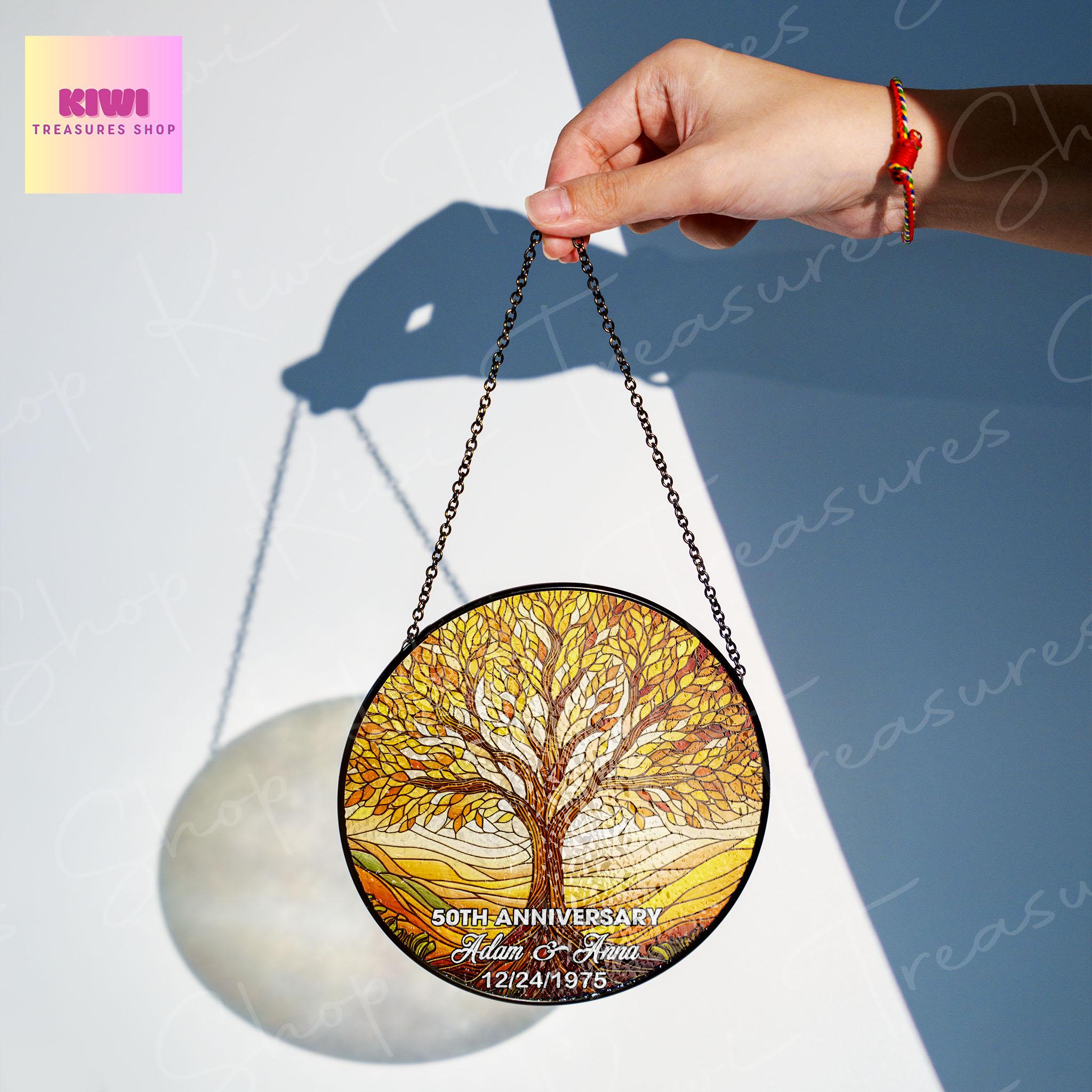 Personalized Tree of Life 50th Anniversary GLASS Hanging, Golden anniversary, Tree of life glass suncatcher, wedding anniverary gift