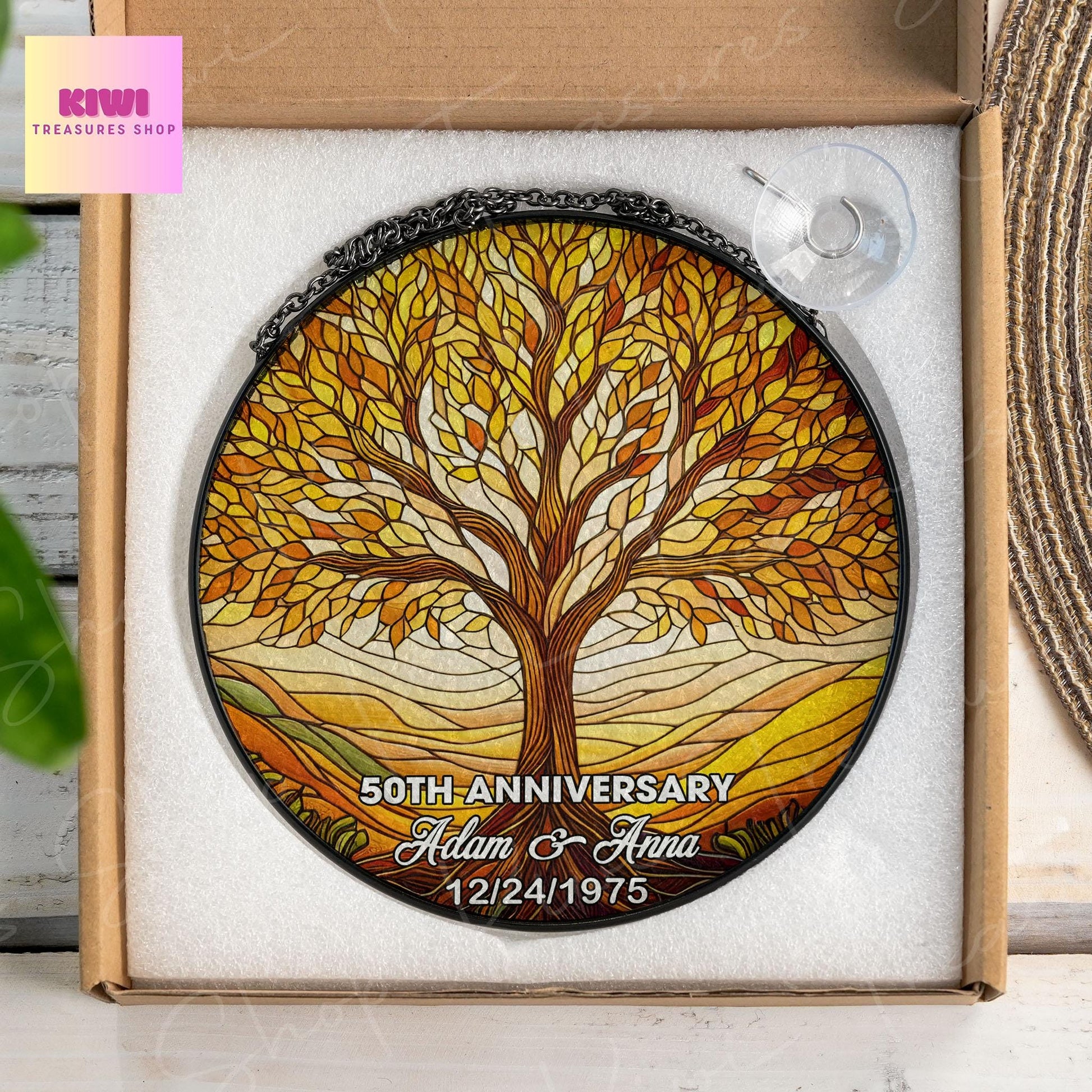 Personalized Tree of Life 50th Anniversary GLASS Hanging, Golden anniversary, Tree of life glass suncatcher, wedding anniverary gift