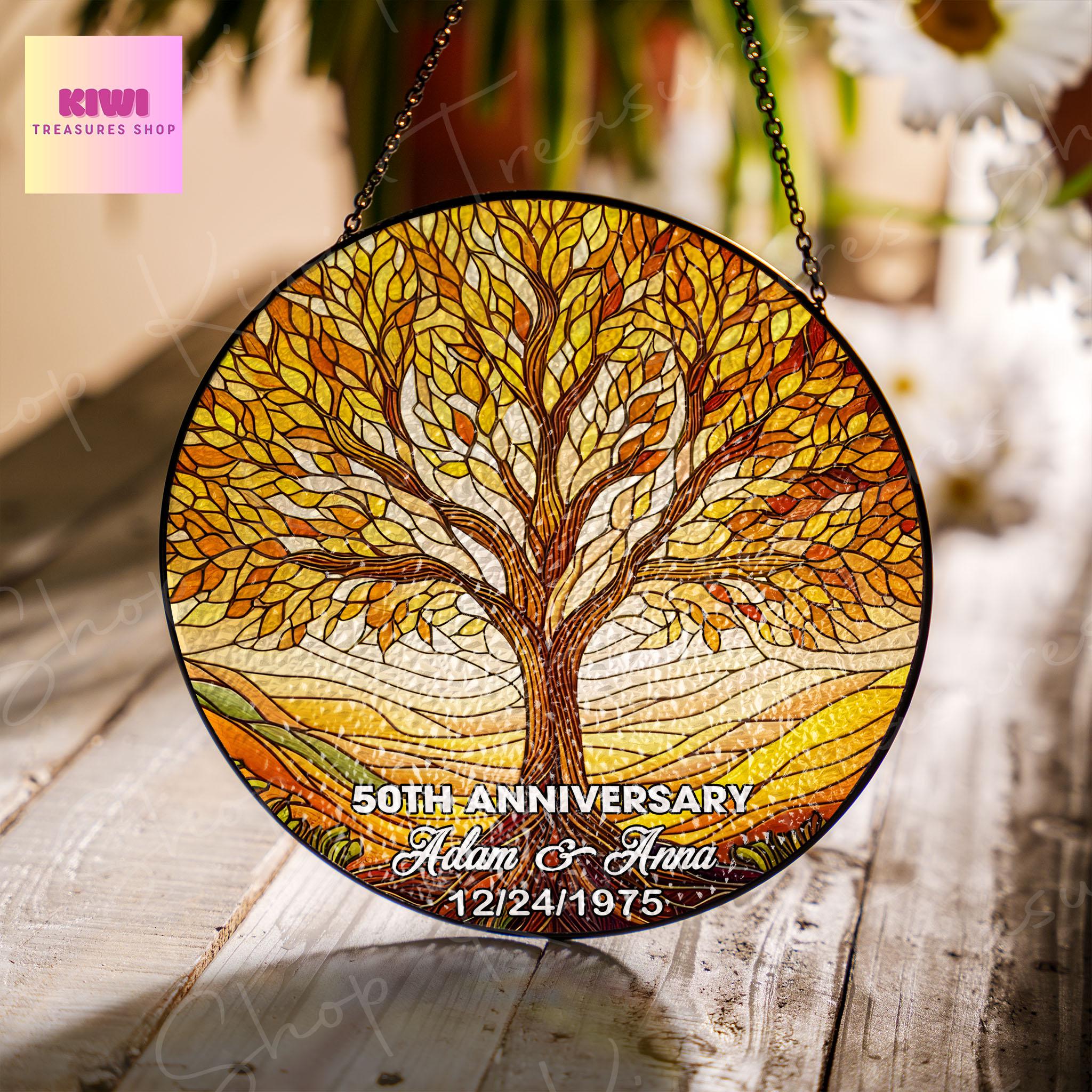 Personalized Tree of Life 50th Anniversary GLASS Hanging, Golden anniversary, Tree of life glass suncatcher, wedding anniverary gift