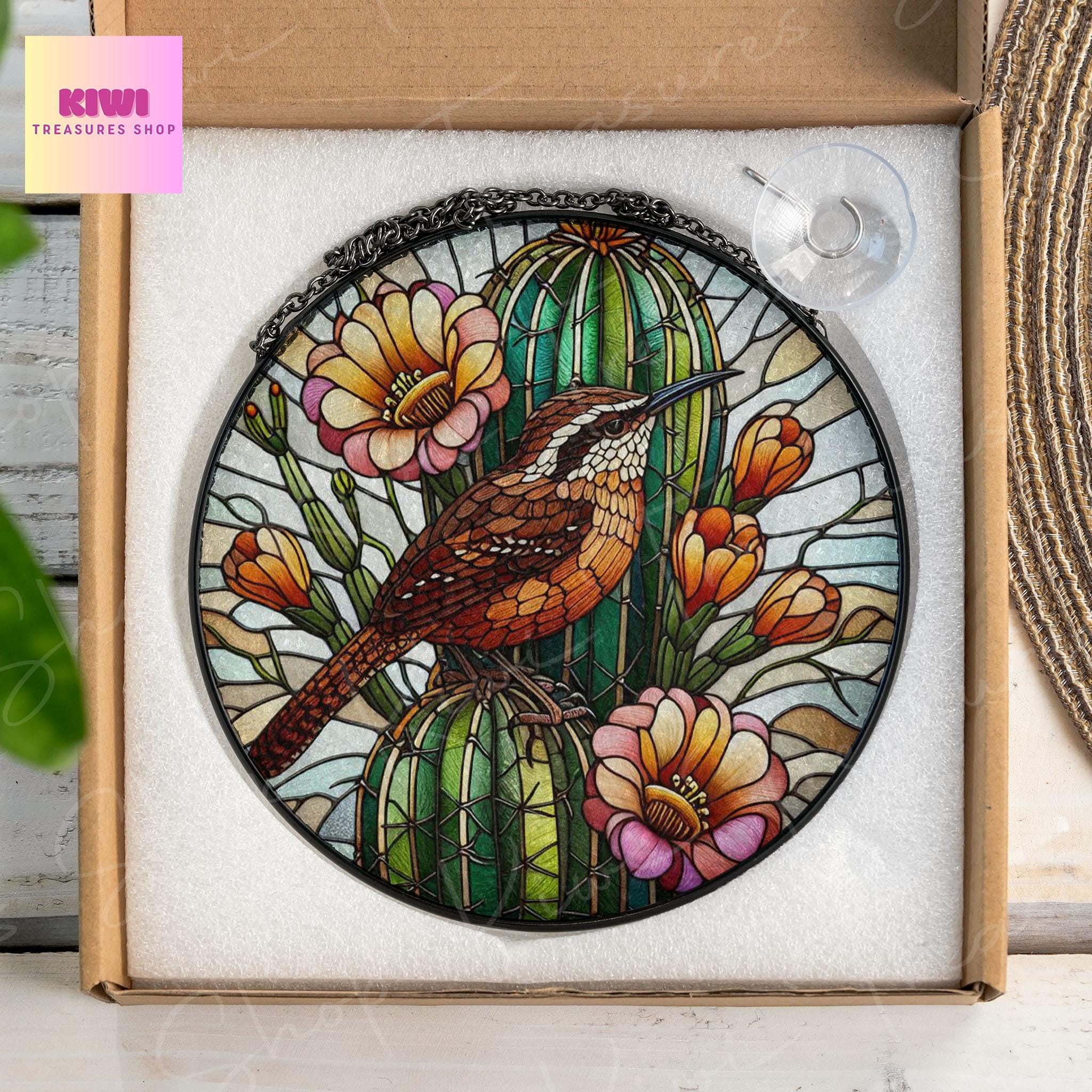Arizona State Wren bird n Saguaro Cactus Glass SunCatcher Arizona bird Art Window Hanging State Pride Wren bird Kitchen Decor