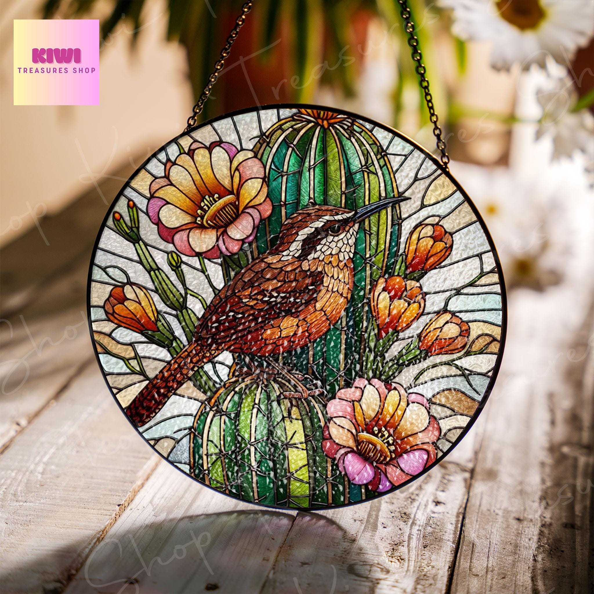 Arizona State Wren bird n Saguaro Cactus Glass SunCatcher Arizona bird Art Window Hanging State Pride Wren bird Kitchen Decor