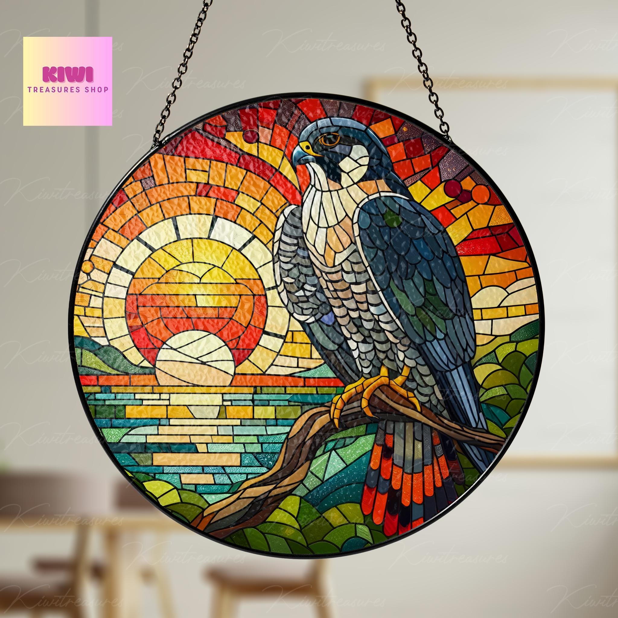Peregrine Falcon on branch GLASS Hanging, Bird Lover Decor, Bird Nerd, Sunset glass Home Decor, Bird Suncatcher , Peregrine Falcon lover