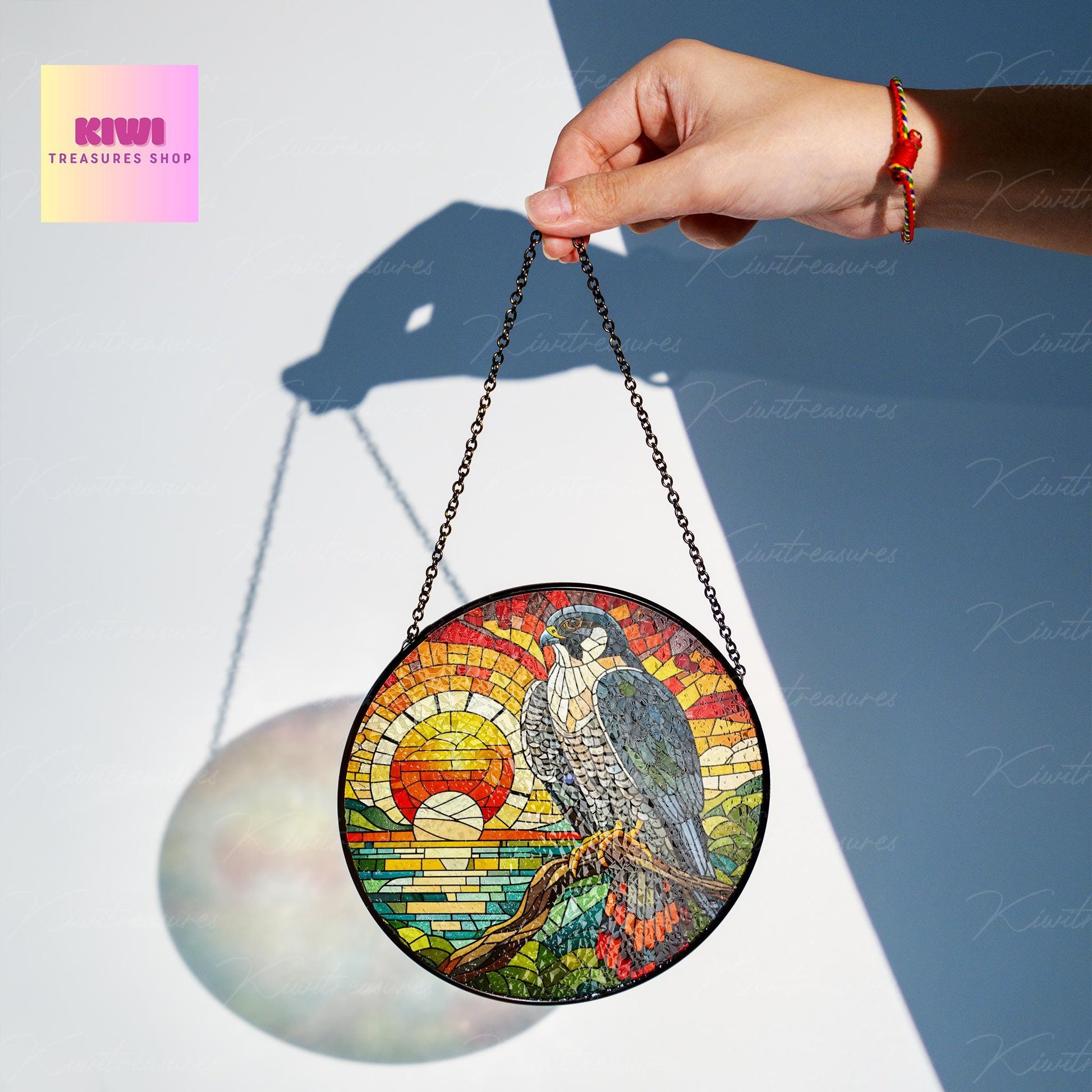 Peregrine Falcon on branch GLASS Hanging, Bird Lover Decor, Bird Nerd, Sunset glass Home Decor, Bird Suncatcher , Peregrine Falcon lover