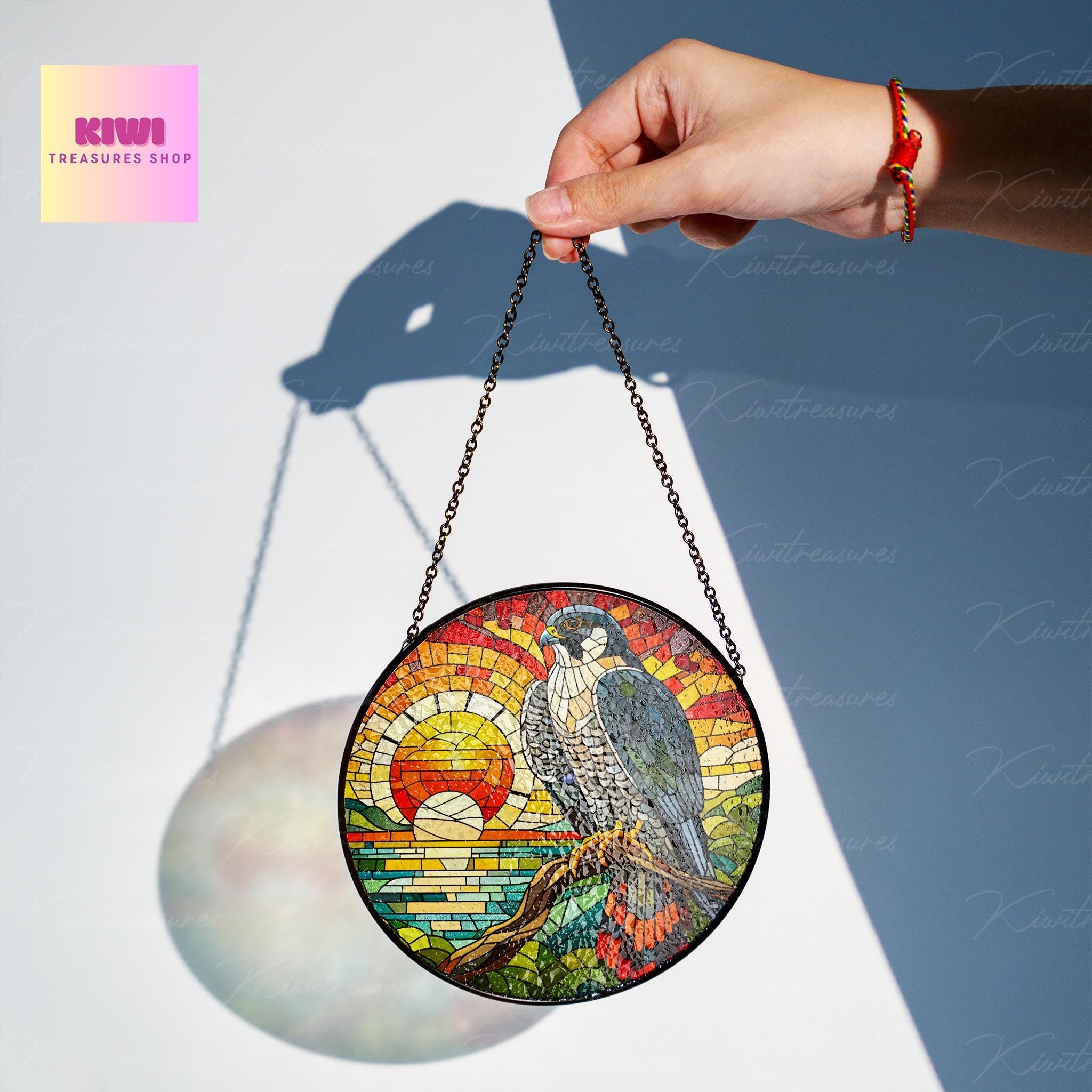 Peregrine Falcon on branch GLASS Hanging, Bird Lover Decor, Bird Nerd, Sunset glass Home Decor, Bird Suncatcher , Peregrine Falcon lover