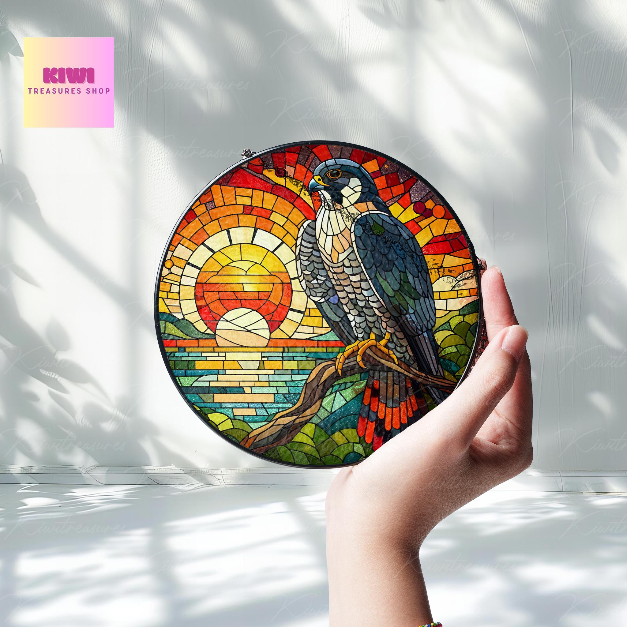 Peregrine Falcon on branch GLASS Hanging, Bird Lover Decor, Bird Nerd, Sunset glass Home Decor, Bird Suncatcher , Peregrine Falcon lover