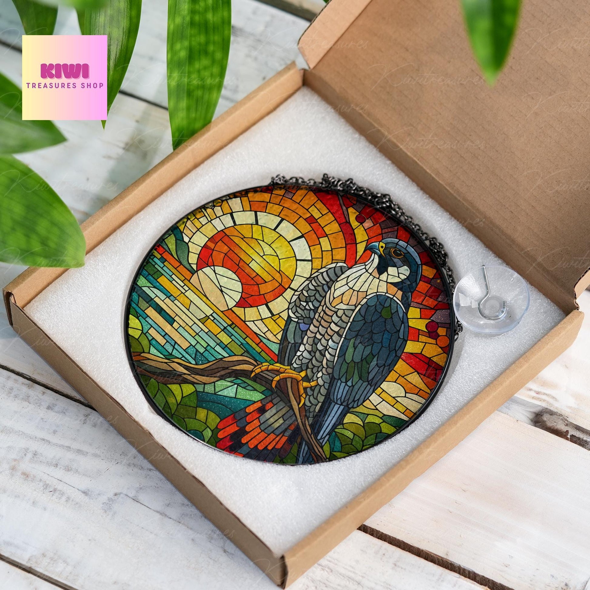 Peregrine Falcon on branch GLASS Hanging, Bird Lover Decor, Bird Nerd, Sunset glass Home Decor, Bird Suncatcher , Peregrine Falcon lover