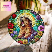 Funny groundhog scream GLASS Suncatcher Hanging, groundhog meme, wildflowers suncatcher hanging, weirdcore idea home decor