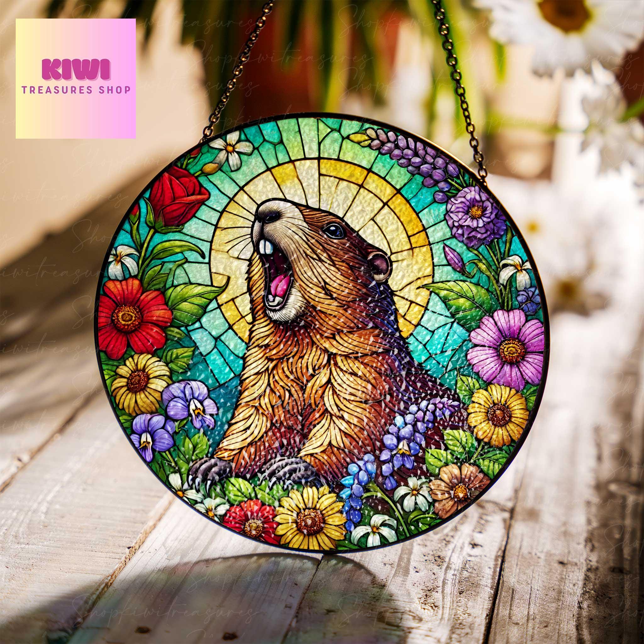 Funny groundhog scream GLASS Suncatcher Hanging, groundhog meme, wildflowers suncatcher hanging, weirdcore idea home decor