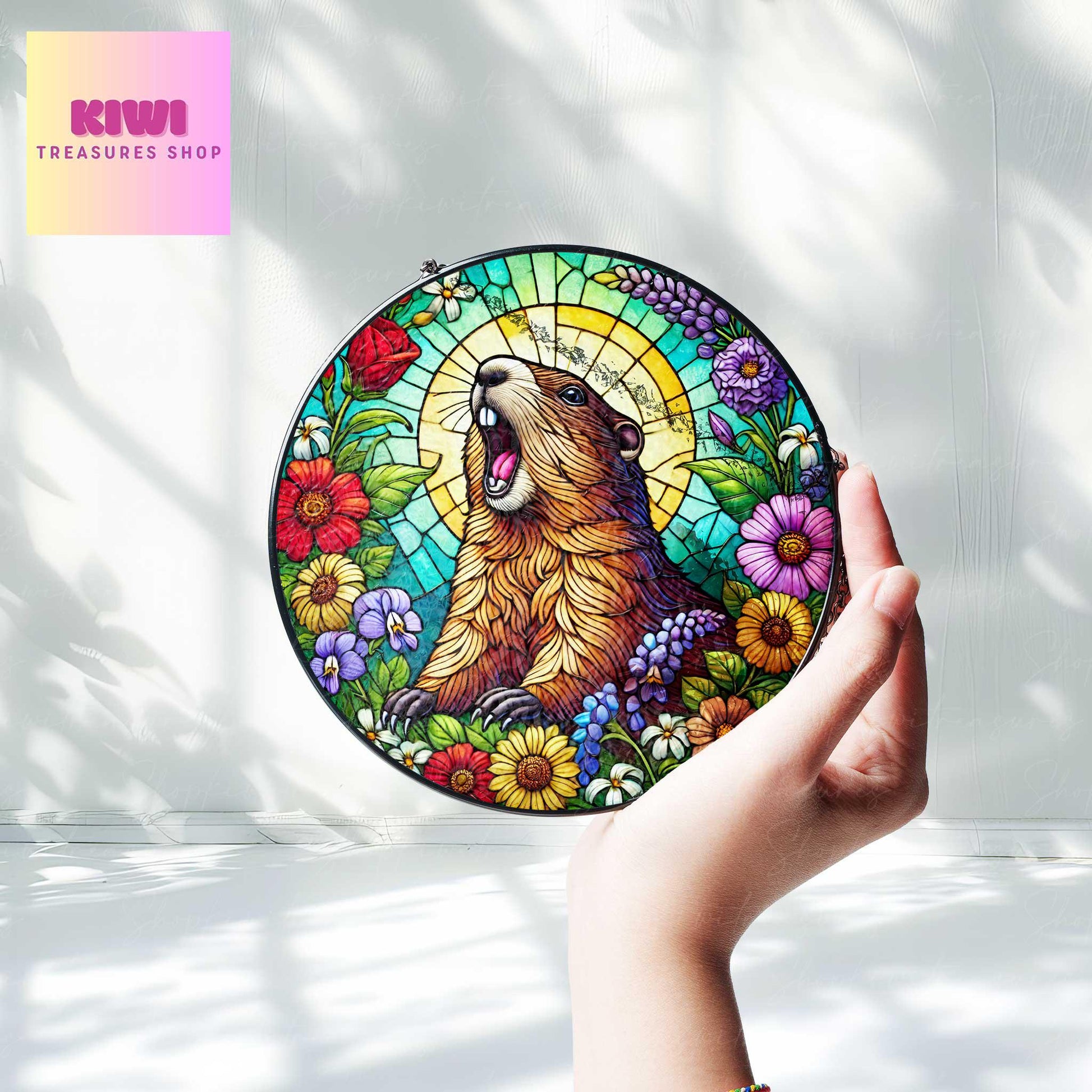 Funny groundhog scream GLASS Suncatcher Hanging, groundhog meme, wildflowers suncatcher hanging, weirdcore idea home decor
