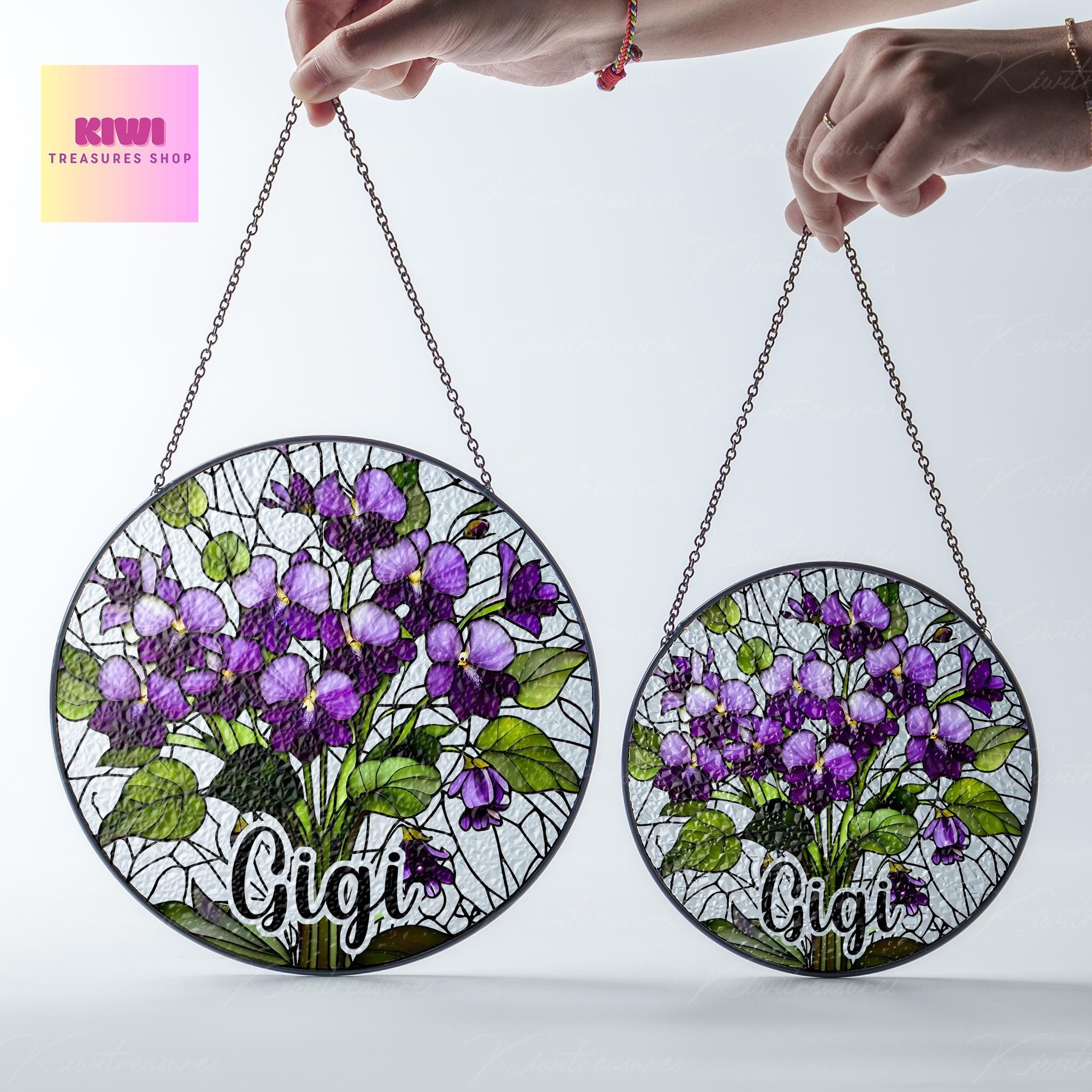 Violet Bouquet custom Gigi GLASS Suncatcher Hanging, Grandma Birth Month glass, Violet field lover gift, Purple violet Flower suncatcher