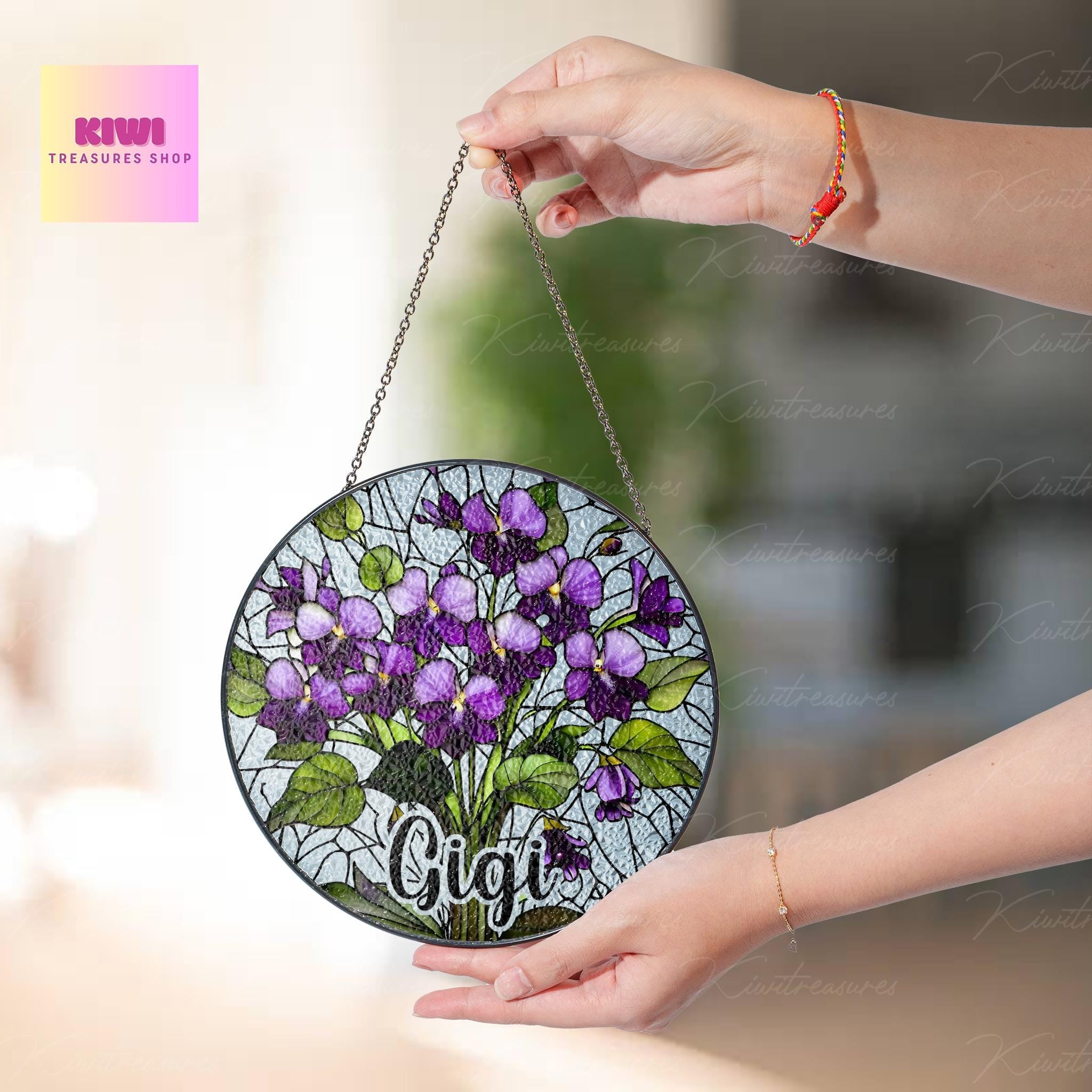 Violet Bouquet custom Gigi GLASS Suncatcher Hanging, Grandma Birth Month glass, Violet field lover gift, Purple violet Flower suncatcher