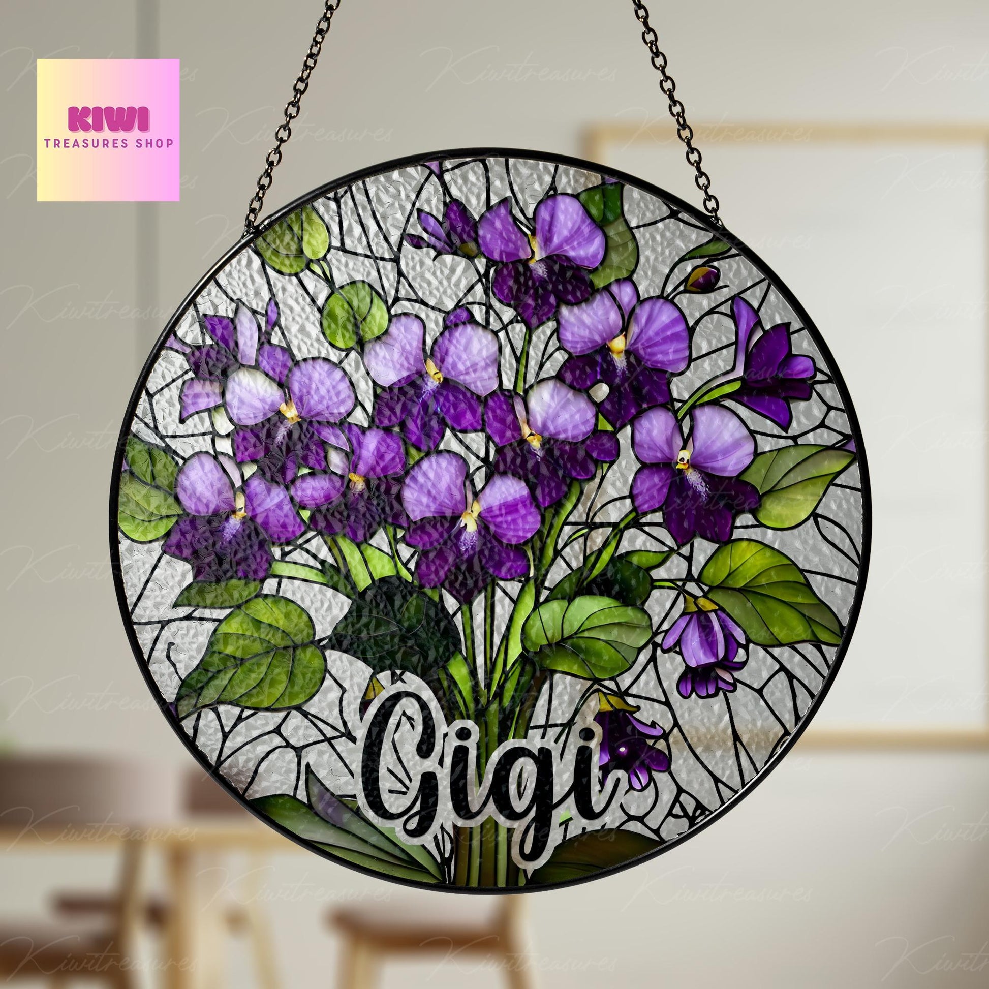Violet Bouquet custom Gigi GLASS Suncatcher Hanging, Grandma Birth Month glass, Violet field lover gift, Purple violet Flower suncatcher